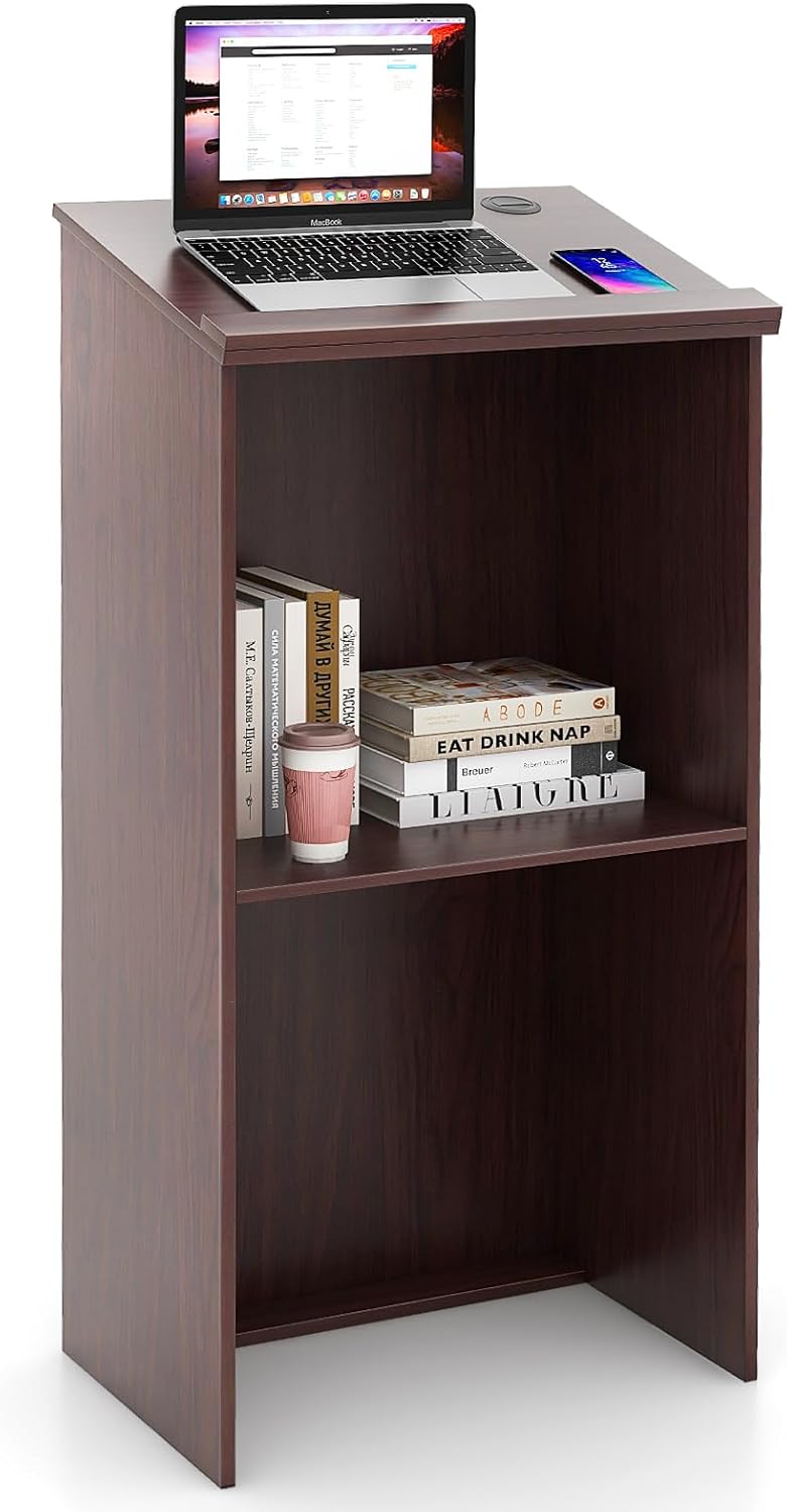 Tangkula Floor Standing Podium, Wooden Speaking Lectern Hostess Stand with 2-Tier Shelves & Dual Cable Holes, Standing Lectern Desk for Meeting Room, School, Churches, Auditorium, Classroom