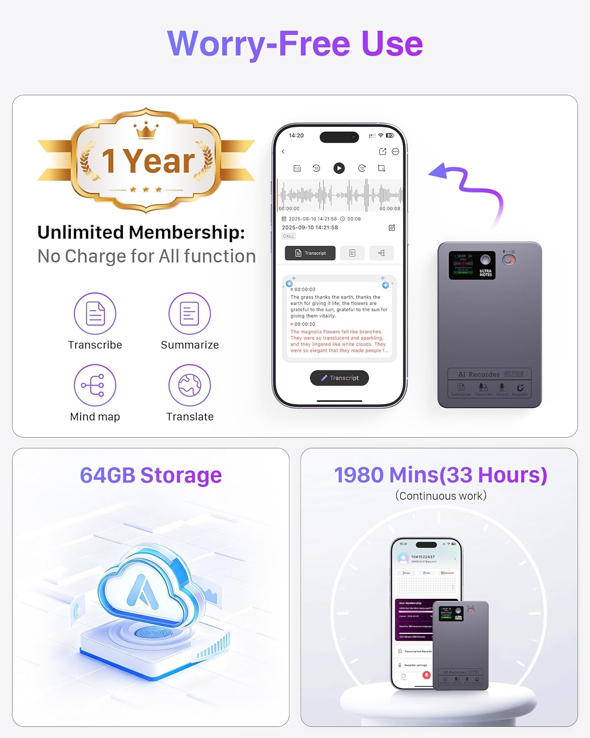 AI Note Voice Recorder: Transcribe, Summarize & Text Translation, 152 Languages, AI Noise Cancellation, 64GB, APP Control, One-Step Magnetic Attachment, Long-Lasting Battery – Meeting, Call, Lecture