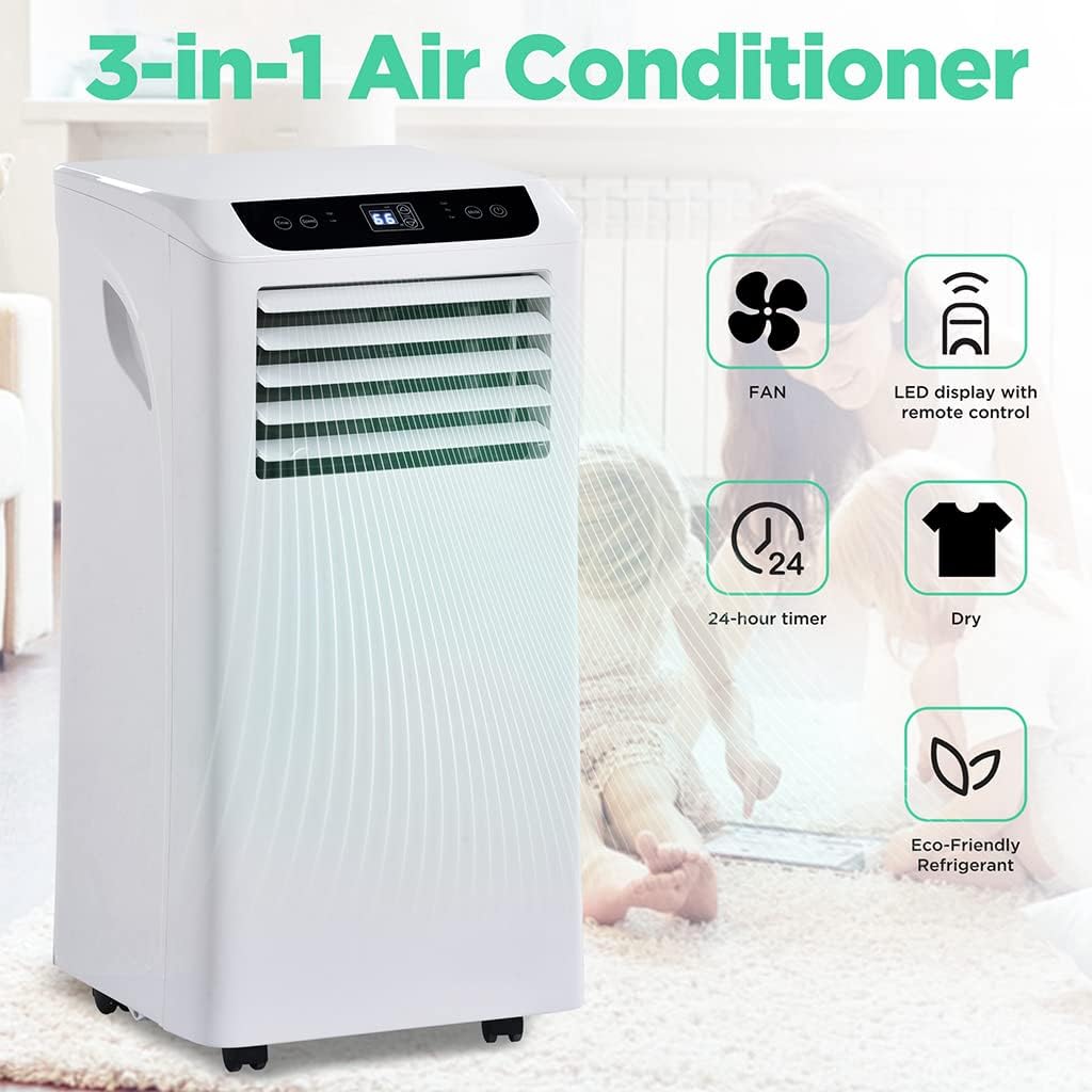 8,000 BTU Portable Air Conditioner with Remote Control and Window Installation Kit , 3-in-1 AC Unit with Fan & Dehumidifier Cools up to 350 sq. ft Floor Air Conditioner for Room, Office, Dorm, Bedroom