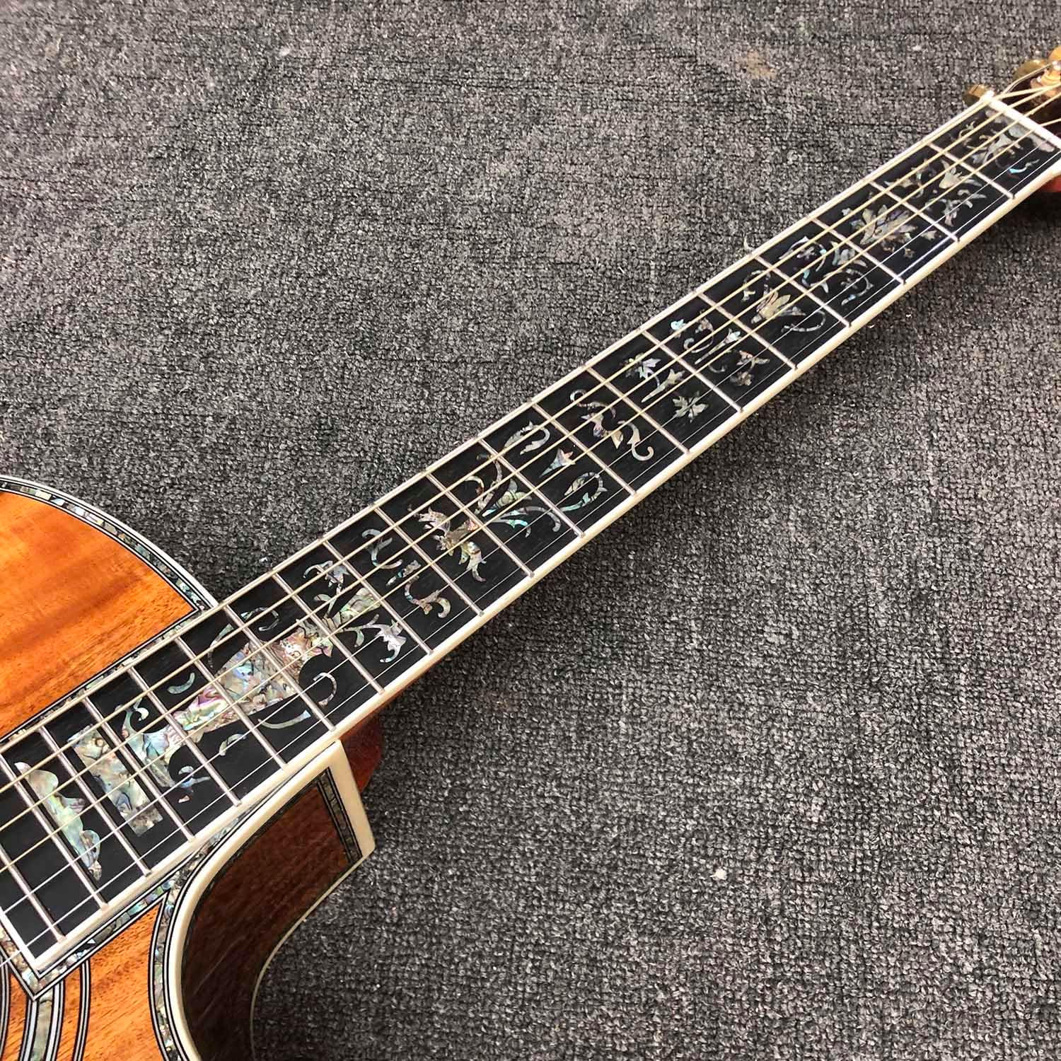 40 Inch OM Type Solid KOA Wood Top Cutaway Acoustic Guitar Ebony Fingerboard Abalone Inlays 43mm Nut Width with Double B1G Soundhole Pickup
