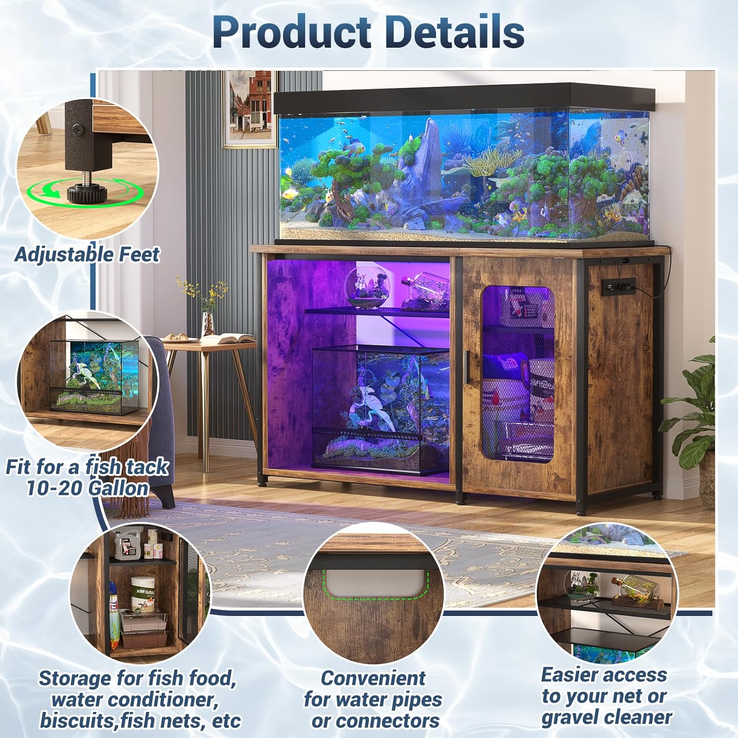 Unikito 55-75 Gallon Aquarium Stand with Power Outlets & LED Light, Reversible Fish Tank Stand with Cabinet for Fish Tank Accessories Storage, Heavy Duty Metal Frame, 880LBS Capacity, Rustic Brown