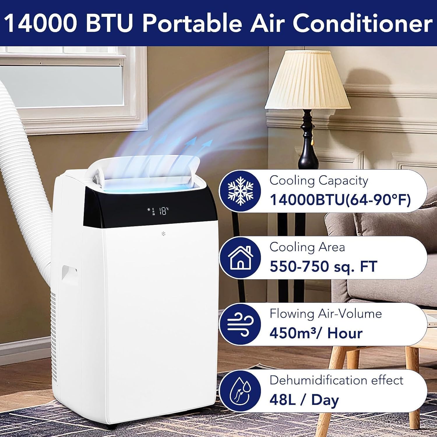 12,000 BTU Portable Air Conditioner - Powerful Cooling up to 550 Sq.Ft, 3-in-1 AC Unit with Dehumidifier & Fan Mode, Energy Saving, Ultra-Quiet, LED Display & Remote Control