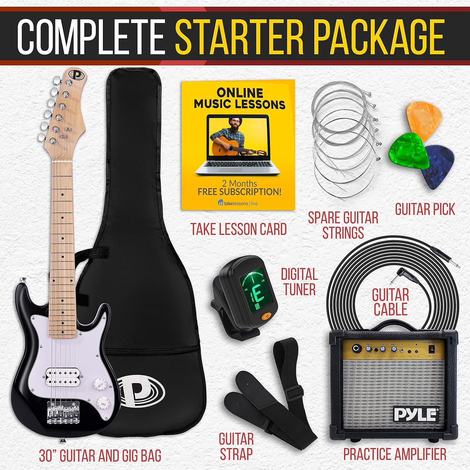 Pyle 30” Mini Instrument with 10W Amp and Complete Accessories, Kids Electric Guitar Starter Kit with Amplifier