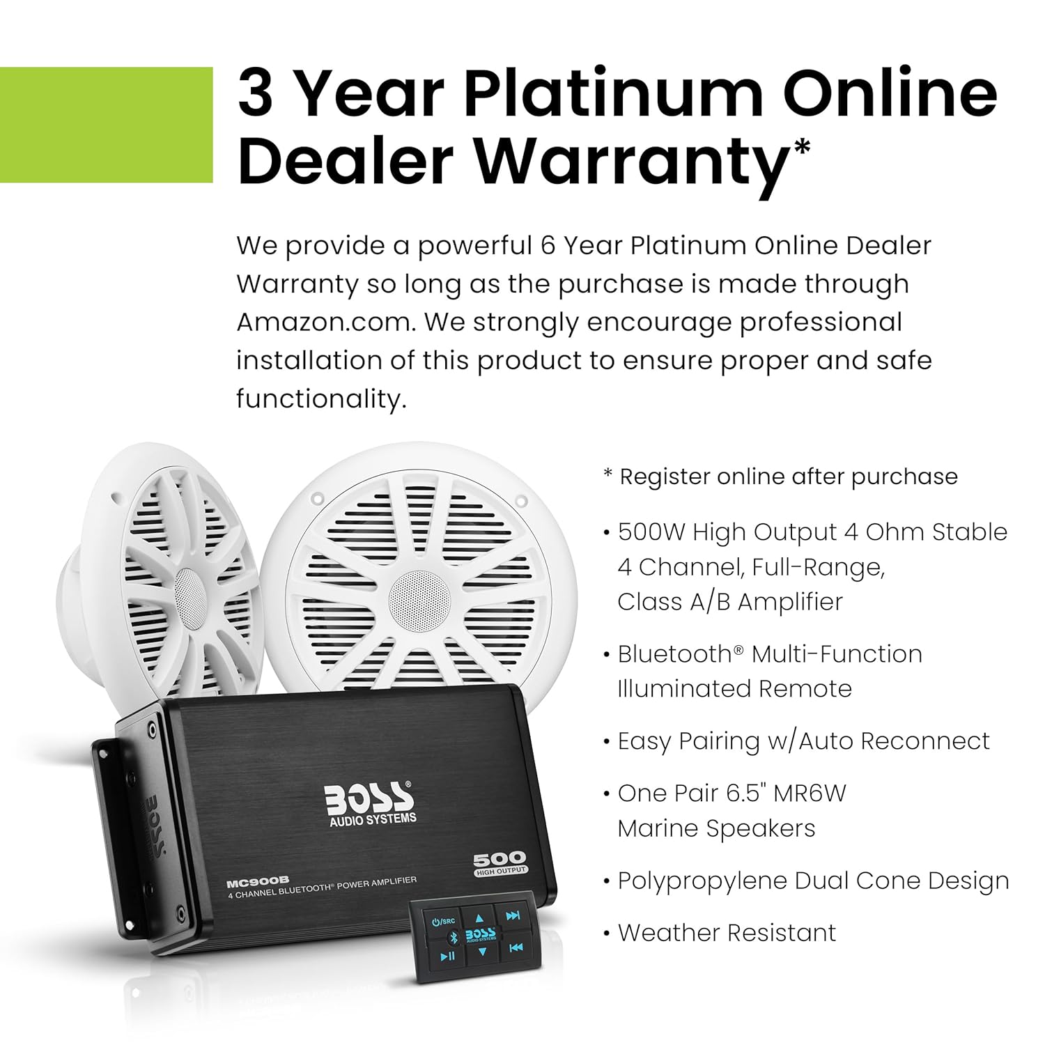 BOSS Audio Systems ASK902B.6 Marine Boat 6.5 inch Speakers and 4 Channel Amplifier Package - 500 High Output, Bluetooth Remote, Waterproof Pouch