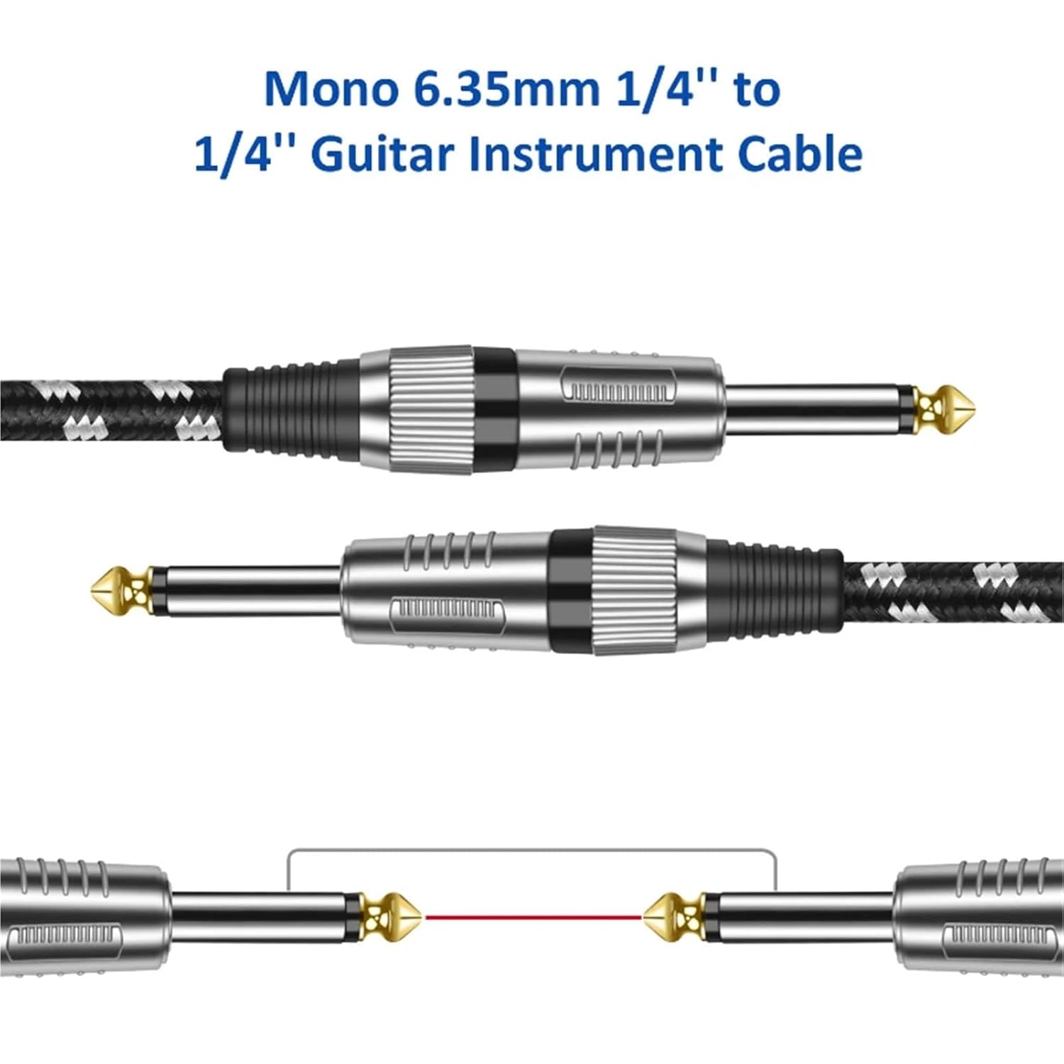 2 Pack TS 6.35 to 6.35 Guitar Cable 6.35 1/4 Inch Mono Jack 6.5mm to 6.5mm Audio Instrument Wire for Bass Mixer Amp Speaker Cord(White-2Packs,0.5m)
