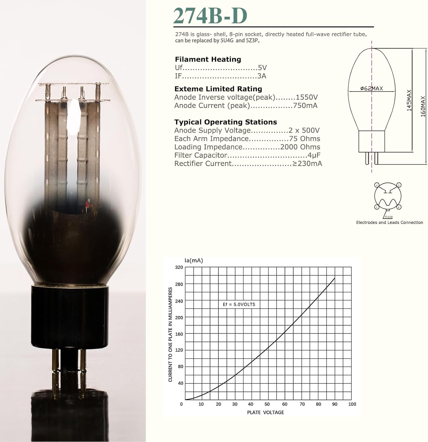 LINLAI 274B-D Water-drop Shape Full Wave Rectifiers High Vacuum Hifi Valve Electronic Tube for Audio Amplifier(1pack in a box)
