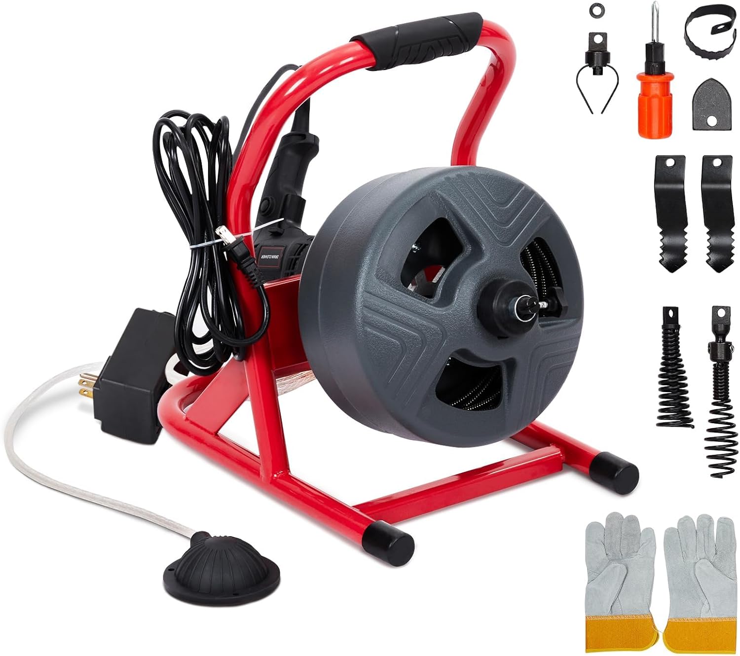 Drain Cleaner Machine 50Ft x 5/16 Inch, Electric Drain Auger Professional, Foot Switch with 6 Cutters, Glove, Drain Auger Cleaner Sewer Snake for 3/4 to 3 Inch Pipes