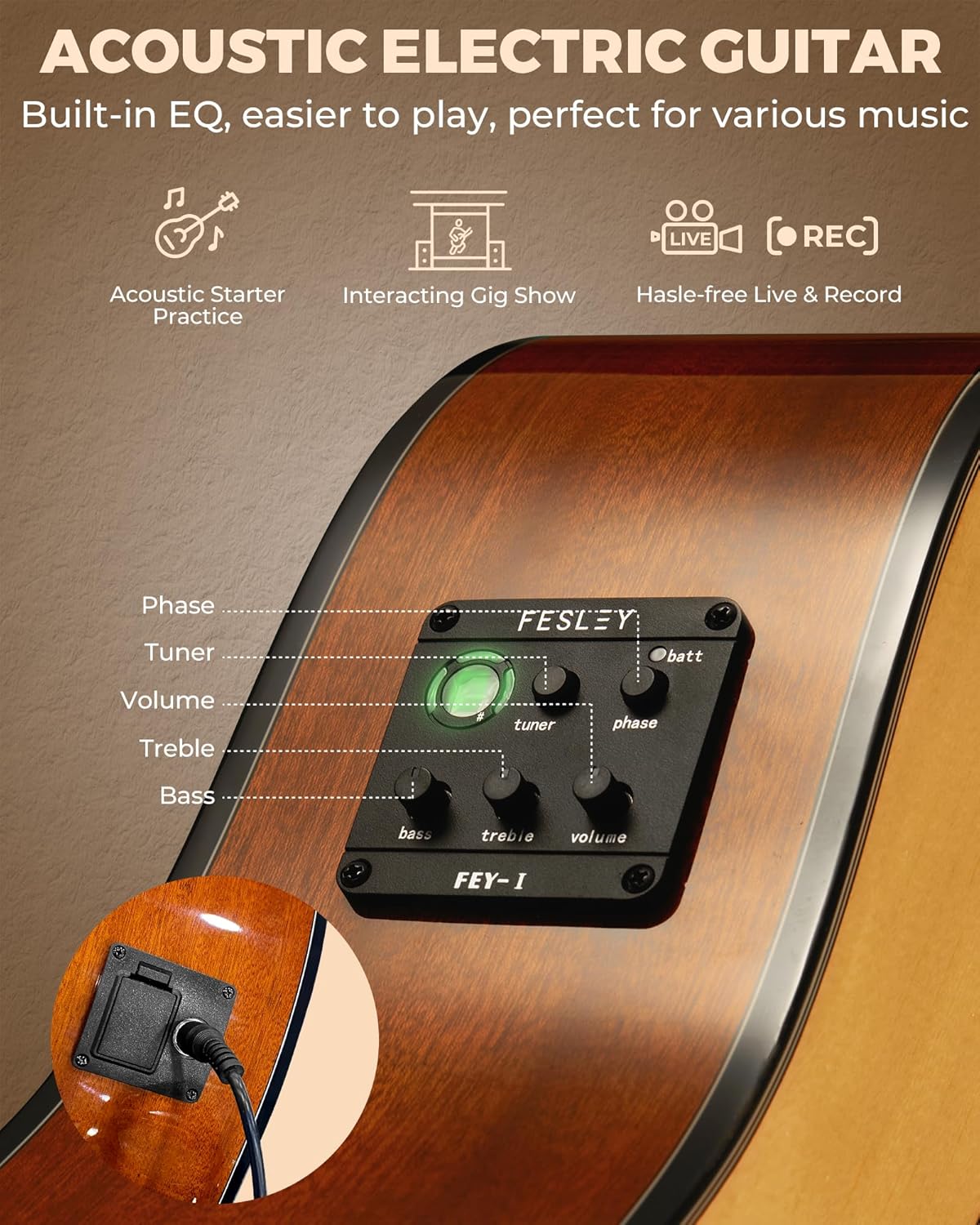 Acoustic Electric Guitar Kit: 41 Inch Full Size 6 String Cutaway Acoustic Guitar for Beginner Adults, Guitarra Electroacústica with Steel String, Built-in EQ, Gig Bag, Capo, Strap, Picks