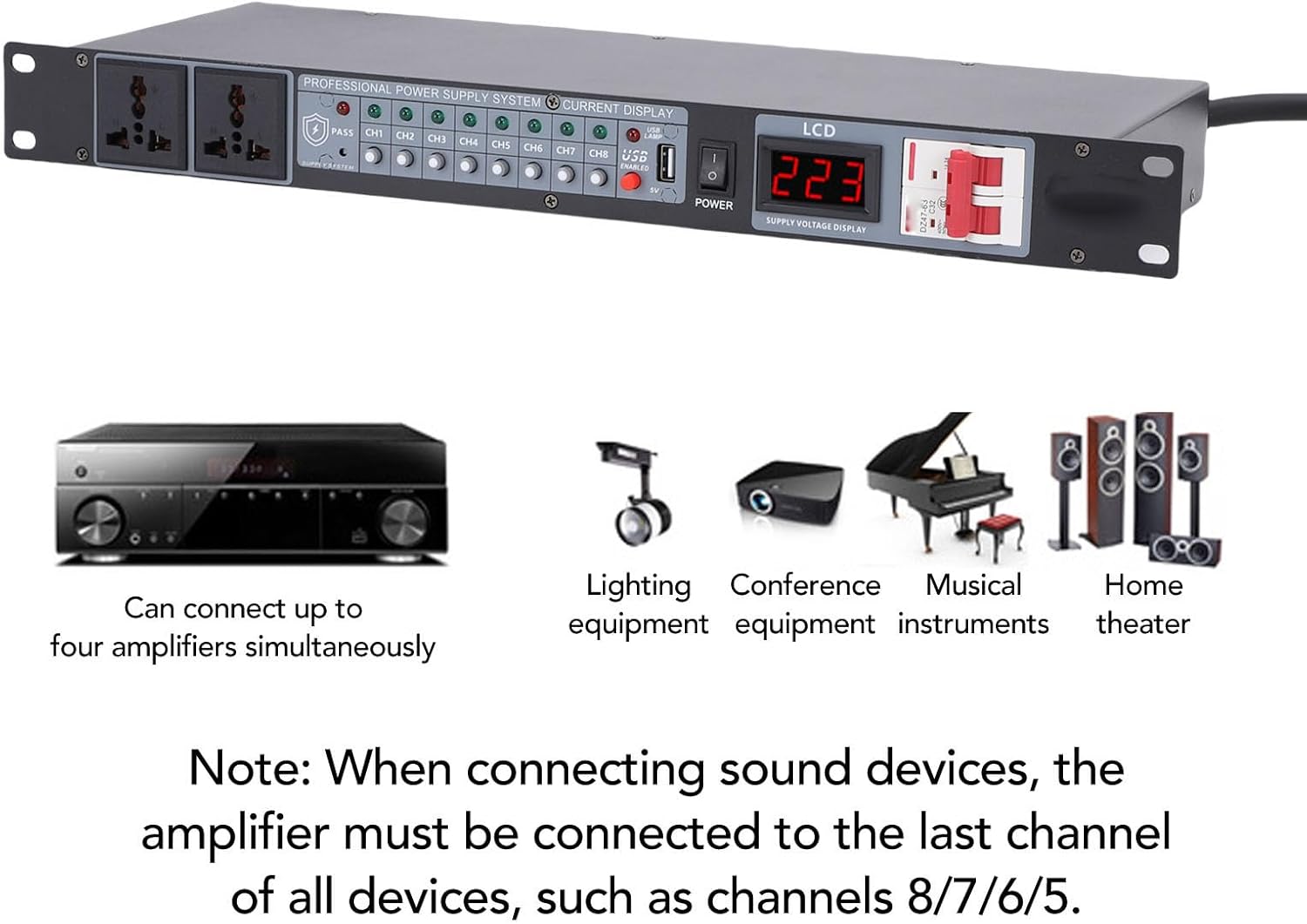 10 Channel Power Sequencer, Digital Voltage Display Rack Audio Controller Regulator for Stage Home Theater Use, Power Conditioner and Sequencer Surge Protector (US Plug)