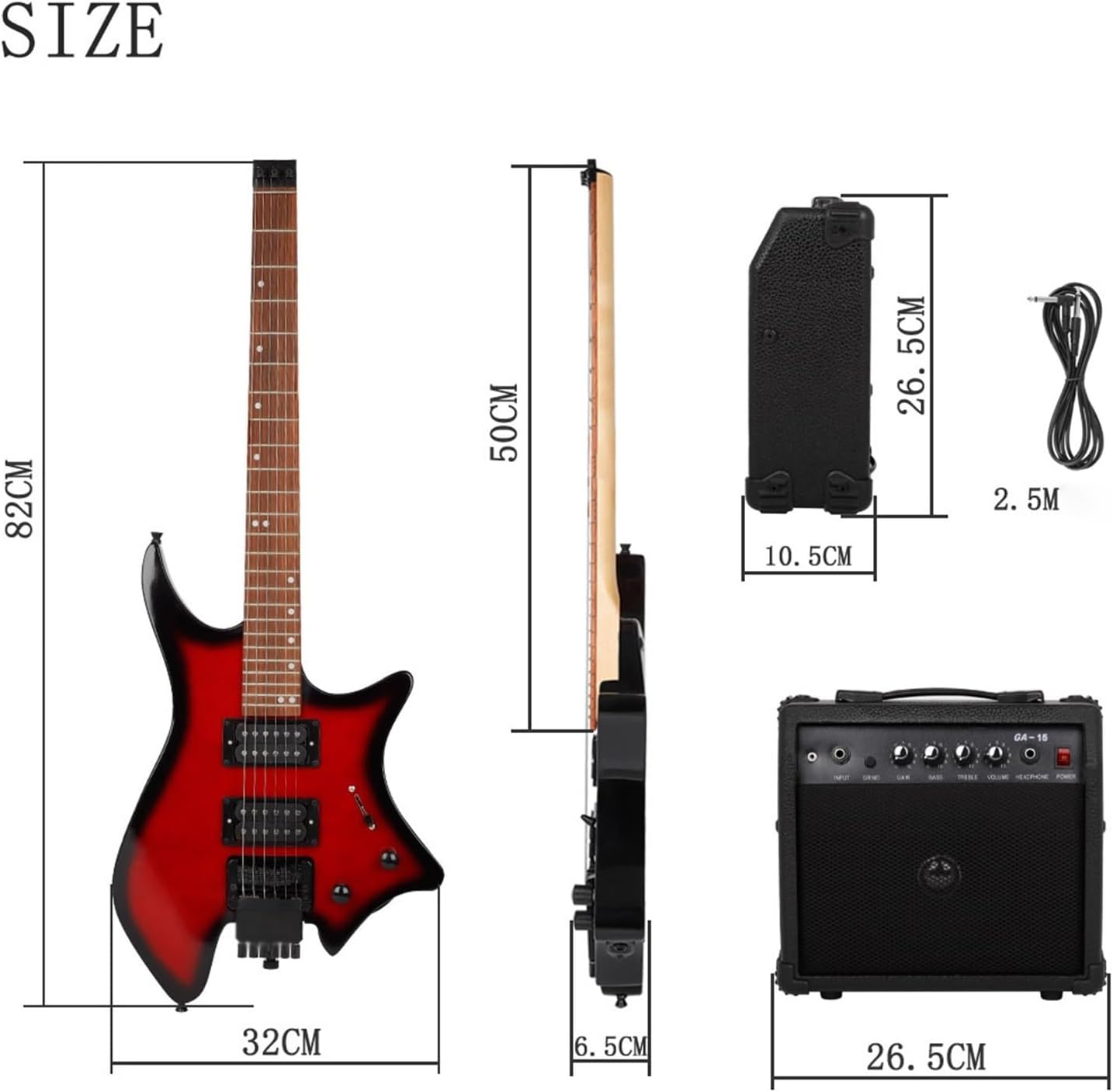 VENEKA Headless Electric Guitar Professional Portable Headless Electric Guitar HH Pickup with Matching Speaker (Color : 01)