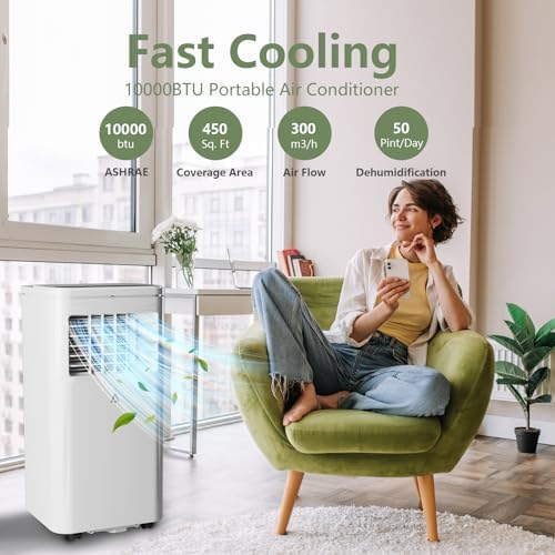 10000 BTU Portable Air Conditioners, Air Conditioner for Room Cools Up to 450 Sq.Ft with 24H Timer, Remote Control, Dehumidifier, 3-IN-1 AC Unit with Window Kit for Bedroom, Indoor Rooms, Home Office