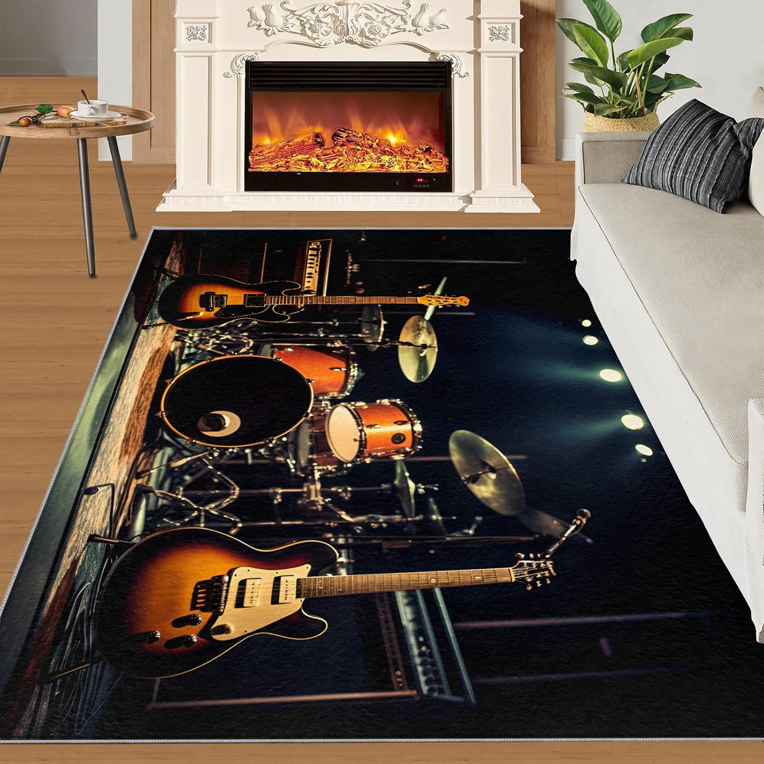 Large Area Rug 7x10 Rock Stage Rug, Instruments Rugs for Living Room, Guitar and Drum Beats Rug, Machine Washable Breathable Carpet for Bedroom Floor Decor Study Dining Room