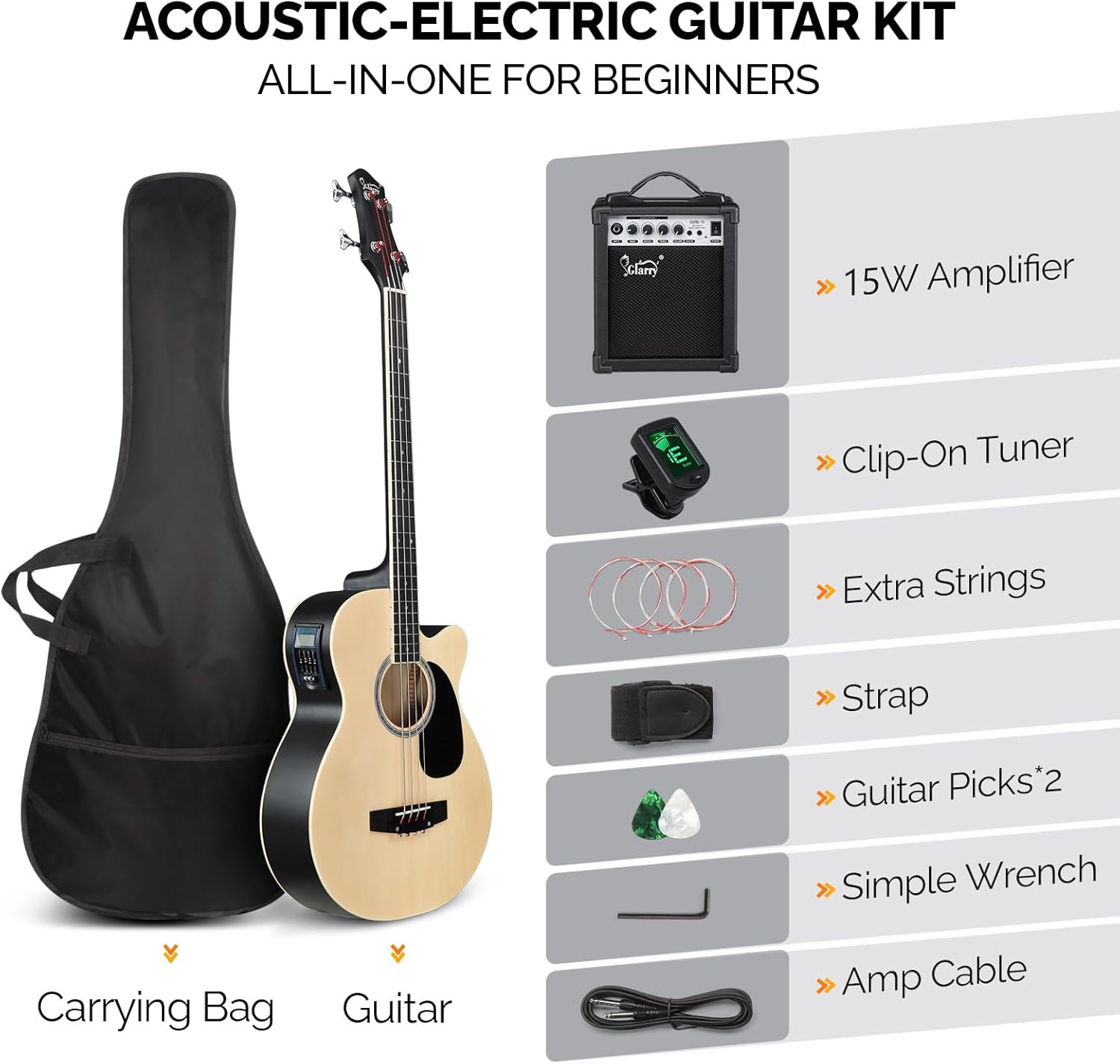 GLARRY Full Size Acoustic Electric Bass Guitar Beginner Kit w/ 15W Amp, Cutaway 4 Strings Electric Acoustic Bass Guitar w/Inbuilt Tuner, Bag, Strap, Picks, Strings, Bass Guitarra，Matte Natural