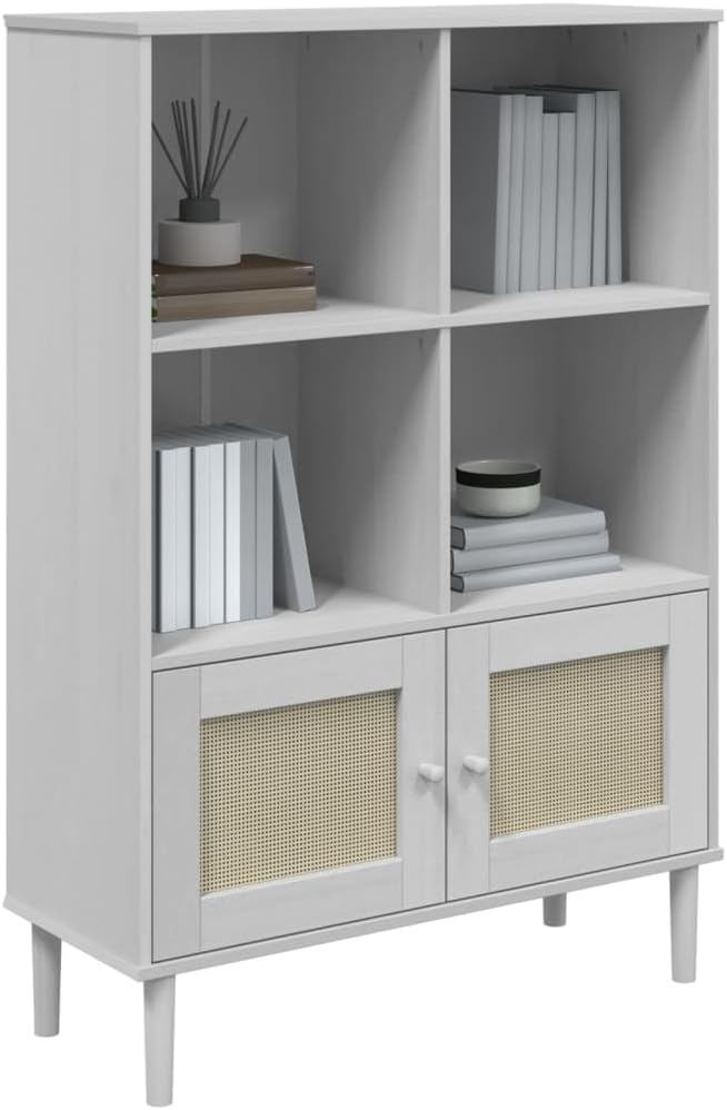 White Solid Pine Wood Bookcase, 35.4x13.8x51.2 in, Bohemian Rattan Look, Adjustable Shelves, Living Room Display Shelf Home Office Furniture