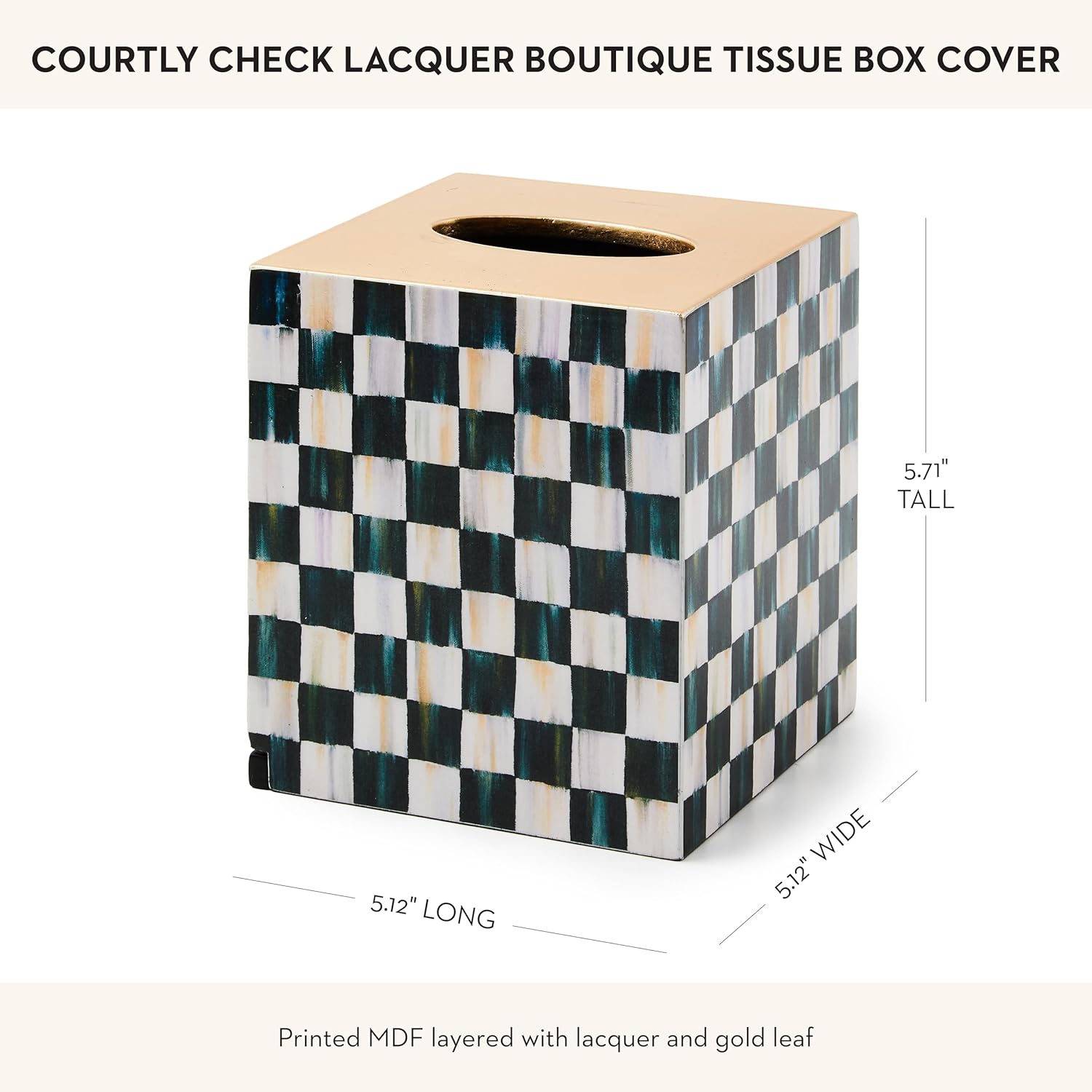 MACKENZIE-CHILDS Boutique Square Tissue-Box Cover, Tissue Holder for Home Decor, Black-and-White Courtly Check Lacquer