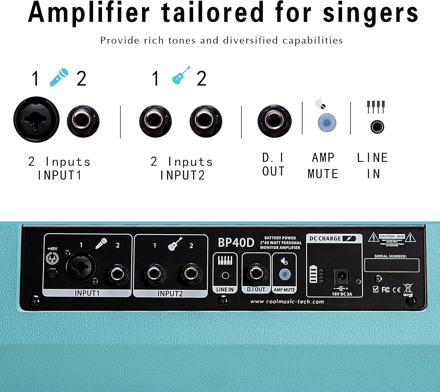 Coolmusic BP40D Powered Acoustic Guitar Amplifier- Portable Bluetooth Speaker 80W W/Battery with Reverb Chorus Delay Effect, 6 Inputs,3 Band EQ, Blue