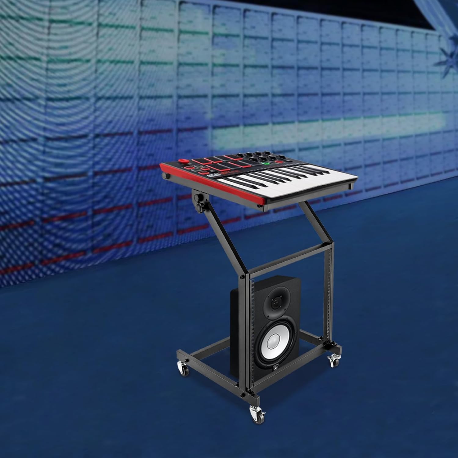 9U Black Rolling Rack-Mount Mixer Case Stand, Studio/DJ Equipment Cart with 4 Locking Wheels, Heavy-Duty Steel Frame, Perfect for Stage Amps, Mixers, Studio Gear, Home or Office Use