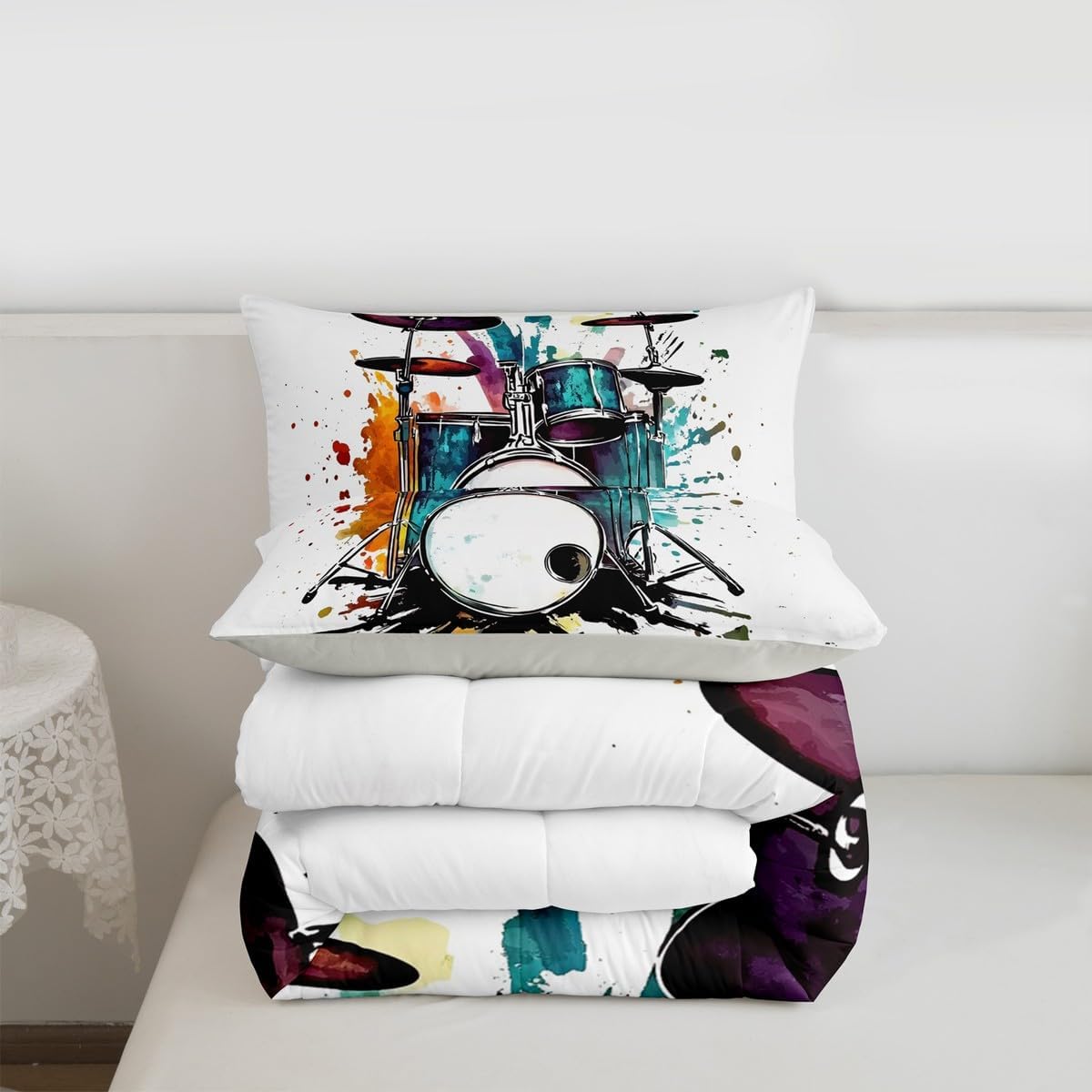 Erosebridal Drum Kit Kids Comforter Sets Rock Music Instrument King Bedding Set for Boys Girls Watercolor Drum Kit Comforter Set,Music Theme Quilt Duvet 3 Pcs