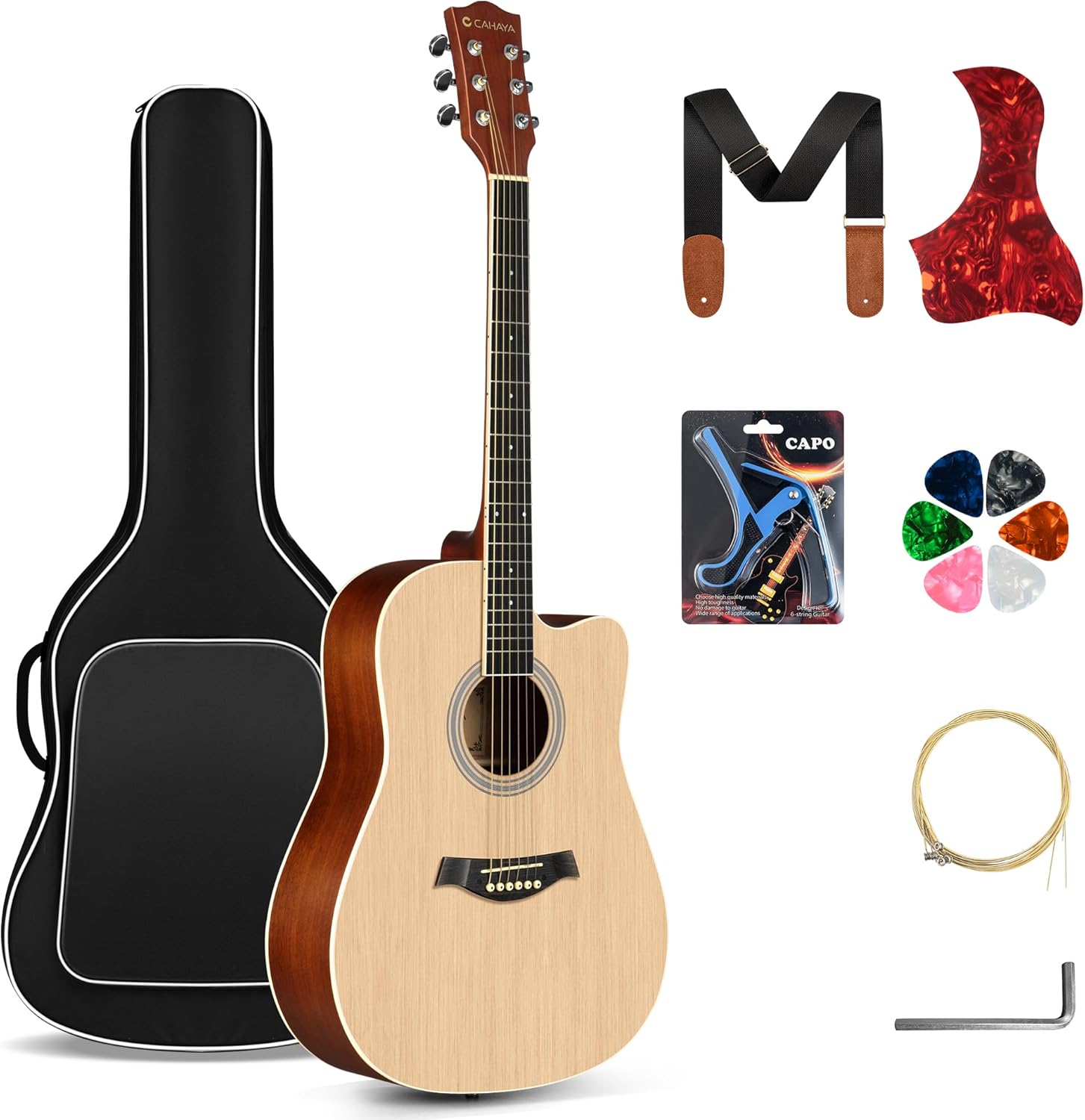 CAHAYA Acoustic Guitar Beginner Kit - 41in Adult All Wood Starter Set Includes with Thickened Gig Bag Capo Pickguard Strings Picks Strap for Kids Teenager Students Natural
