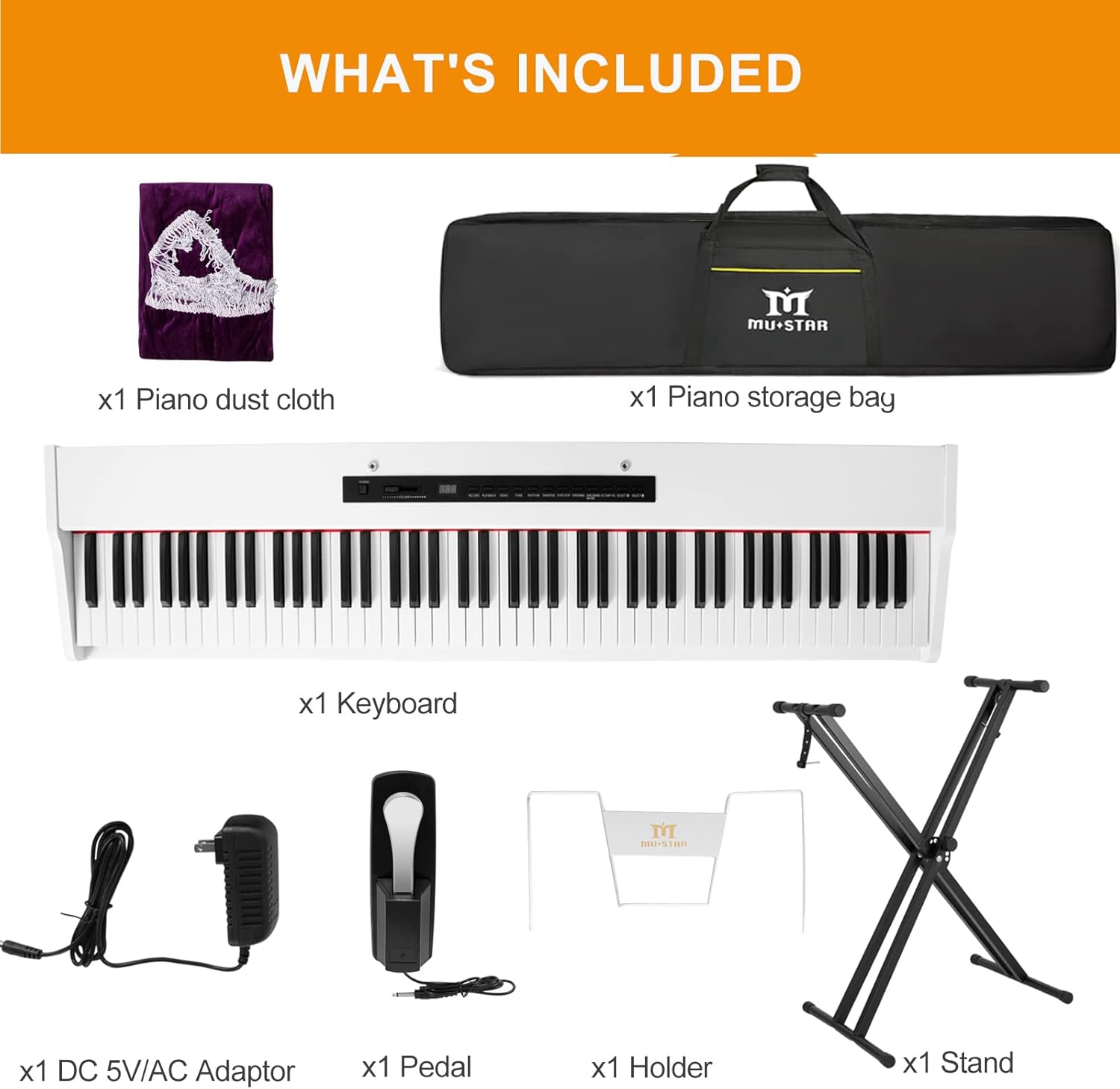 MUSTAR Piano Keyboard 88 Key Weighted Keyboard, Digital Keys Semi Weighted with Stand, Full Size Electric Bluetooth Connection, Portable Case, Sustain Pedal, MDF, White Touch-response Key