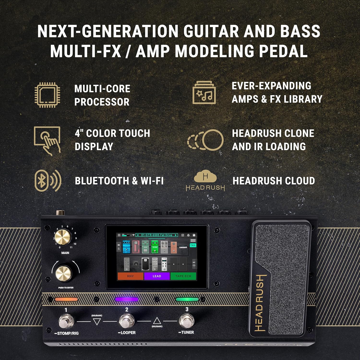 HeadRush Flex Prime - Guitar and Bass Multi Effects Pedal and Amp Modeling Processor with Touchscreen, Looper, Wi-Fi, Bluetooth, IR Loader, USB, Lessons