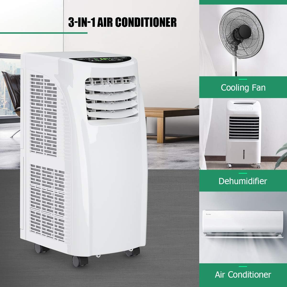 HOMGX 3-in-1 Portable Air Conditioner, 8,000 BTU Powerful Air Cooler w/Fan, Dehumidifier & Sleep Mode, 2 Wind Speeds, 24H Timer, Remote Control & LED Display, Cool Rooms up to 230+ sq. Ft