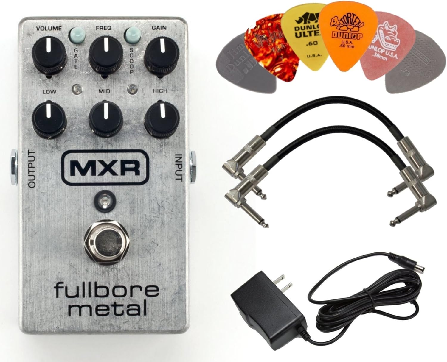 Dunlop MXR M116 Fullbore Metal Distortion Guitar Pedal with AC Power Supply, 2 Patch Cable and 6 Guitar Picks
