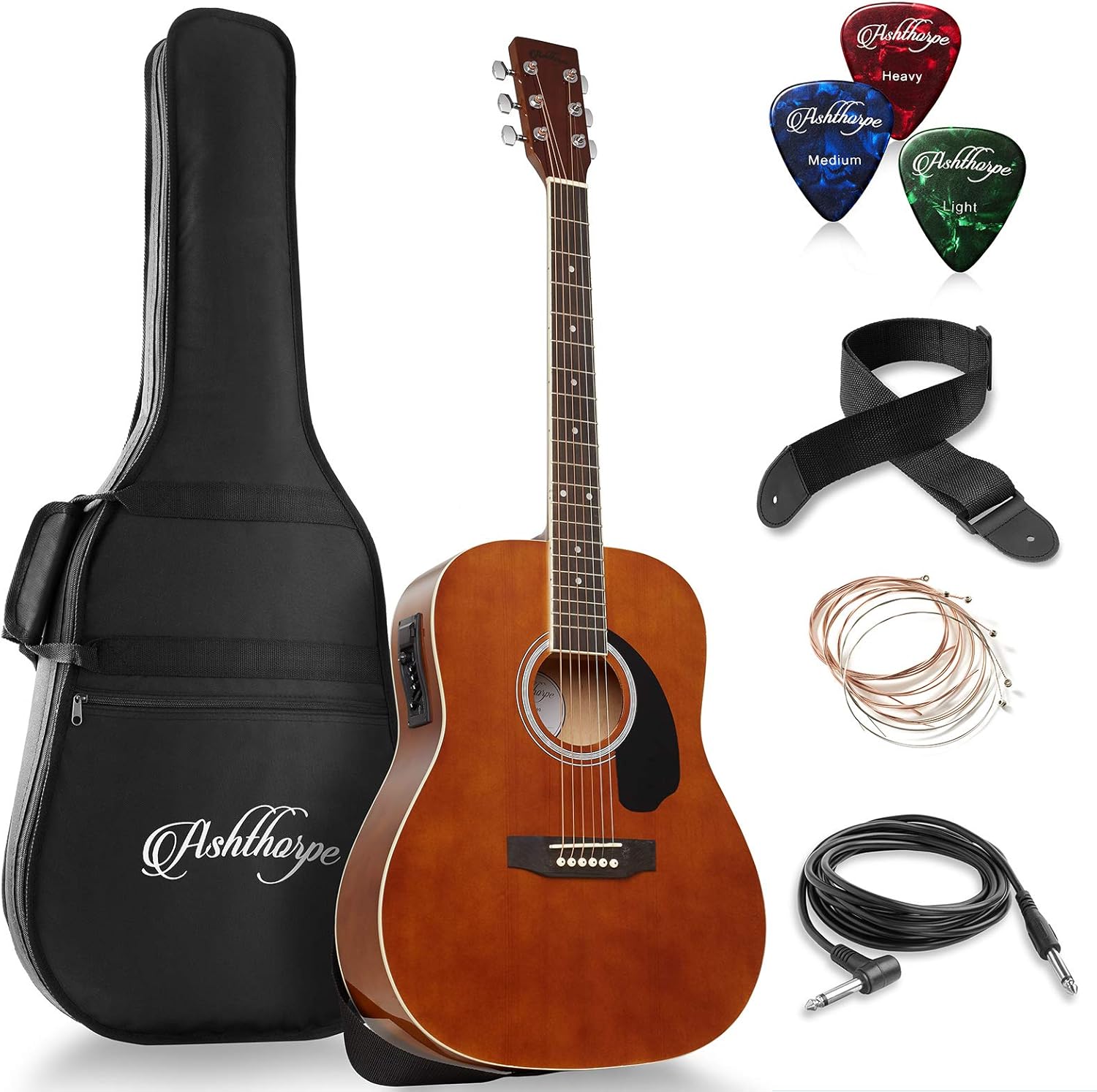 Ashthorpe Full-Size Dreadnought Acoustic-Electric Guitar Bundle - Premium Tonewoods - Brown