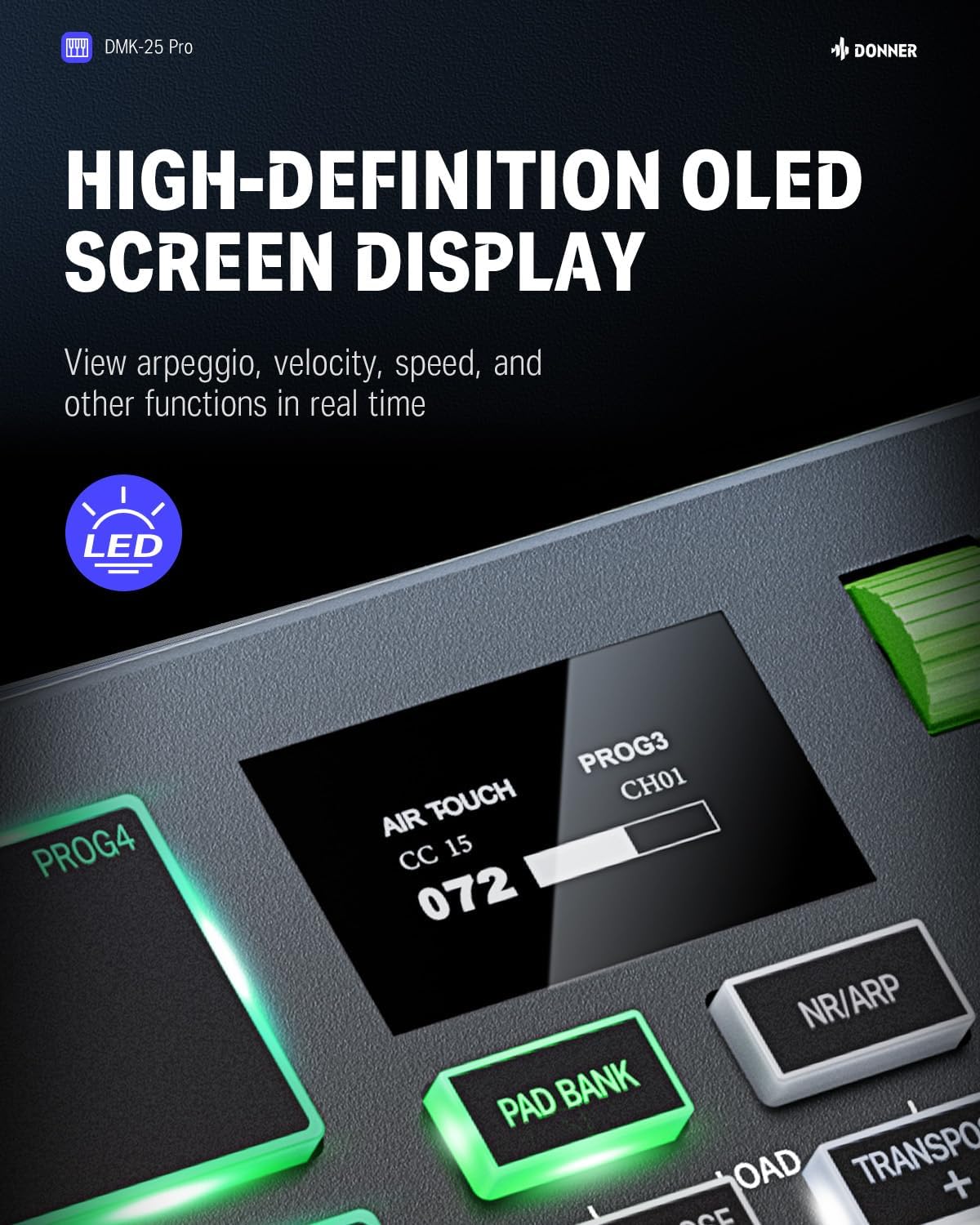 Donner DMK25 Pro MIDI Keyboard Controller, 25 Mini Key Portable USB-C MIDI Controller with 8 Drum Pads, OLED Display, Personalized Touch Bar, Music Production Software and 40 Teaching Courses, Green