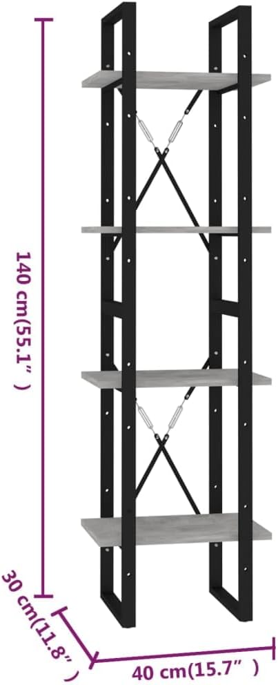 Concrete Gray Book Cabinet, Black Engineered Wood, Metal Frame, 4-Tier Industrial Shelving Unit, 11.8x15.7x55.1in Display Case for Living Room, Office Storage