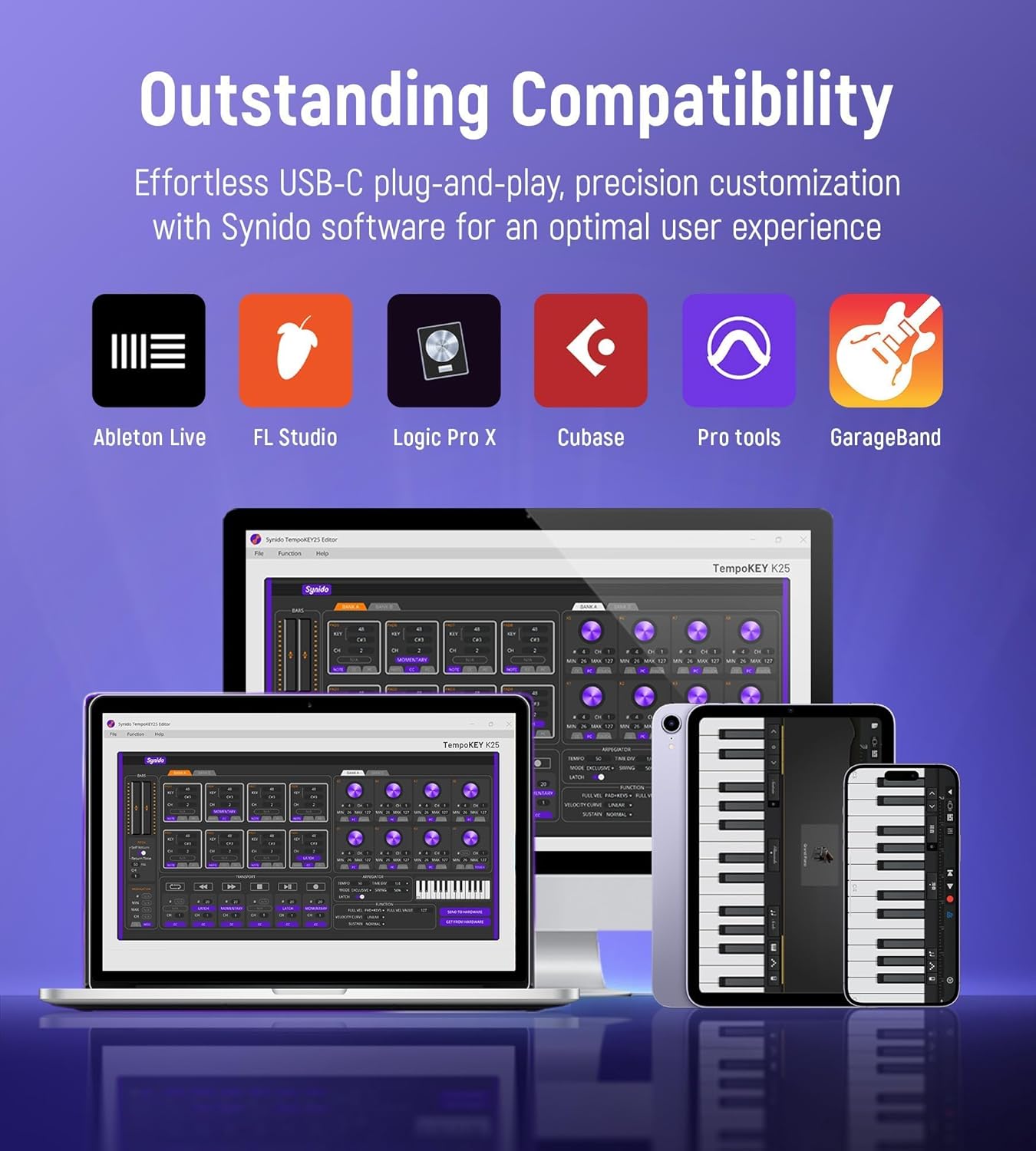 Synido USB C MIDI Keyboard Controller 25 Keys with 8 Backlit Drum Pads, OLED Screen, Compact Mini MIDI Controller for Music Production – Black, TempoKEY K25