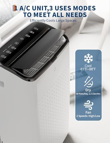 14,000 BTU Portable Air Conditioner, 3 in-1 Standing AC Unit with Dehumidifier and Fan, Remote and LED Touch Panel, Sleep Mode, Window Kit, Cools up to 750 Sq.Ft., Quiet Operation, Black Top