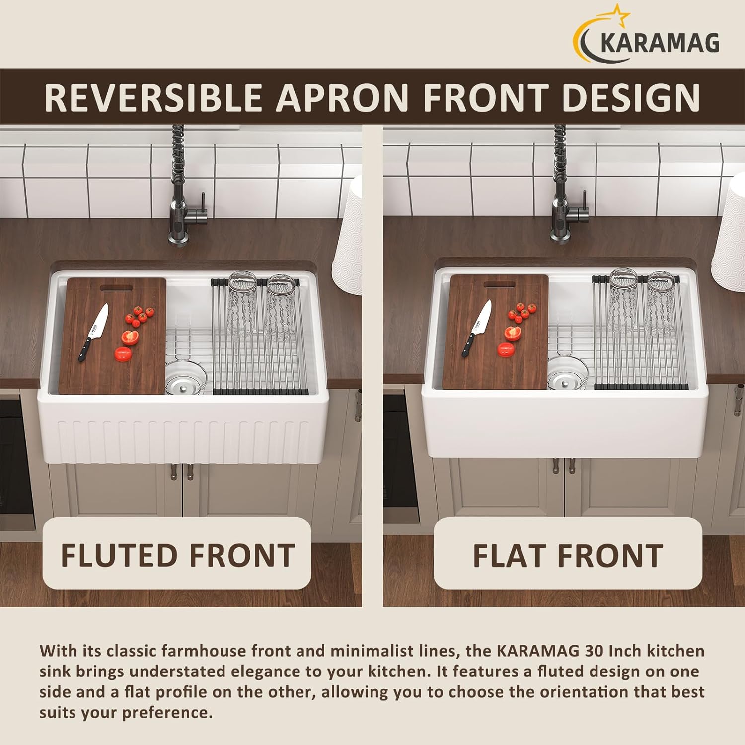 30 Inch Workstation Farmhouse Sink, White Fireclay Apron Front Kitchen Sink, Rectangular Undermount Sinks, Deep Deep Drop-in Single Bowl Reversible Sinks with Accessories