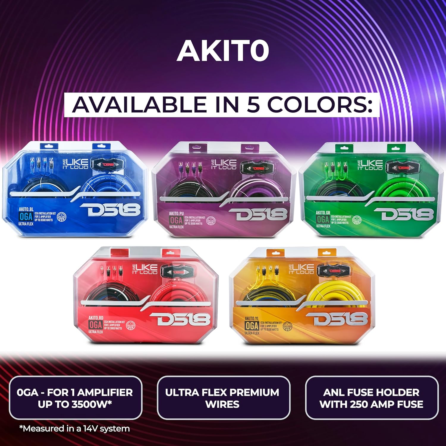 DS18 AKIT0.GR 0-GA Amplifier Installation Wiring Kit with Fuse Holder 250A, Up to 3500 Watts RMS, Ultra Flex Wire, Amp Wire Kit, Amp Wiring Kit 0 Gauge - Green