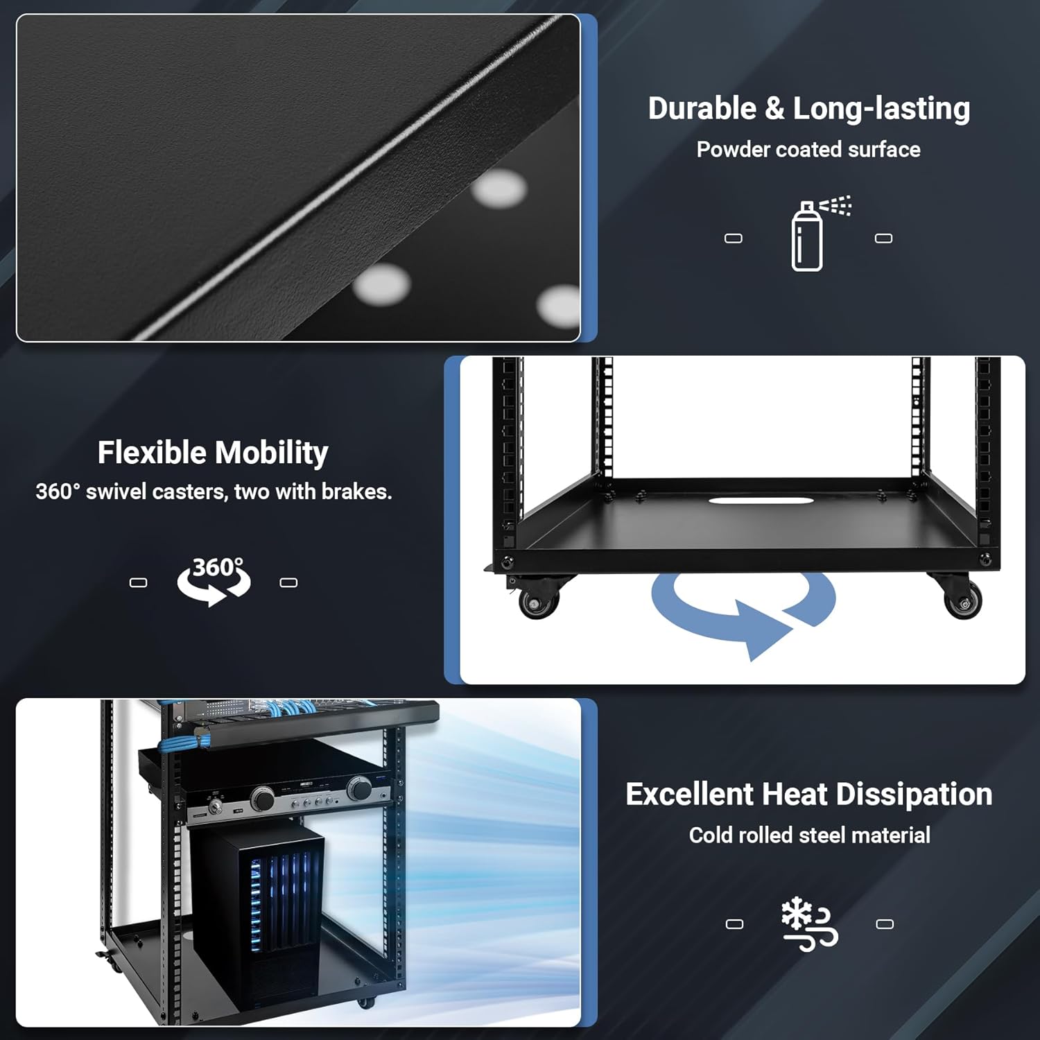 20U Server Rack w/ 2 Racks, Versatile Open Frame IT Rack - Wall-Mount, Rotate and Push w/Ease, AV Rack w/Top & Bottom Panels, Hook and Loop Straps for 19