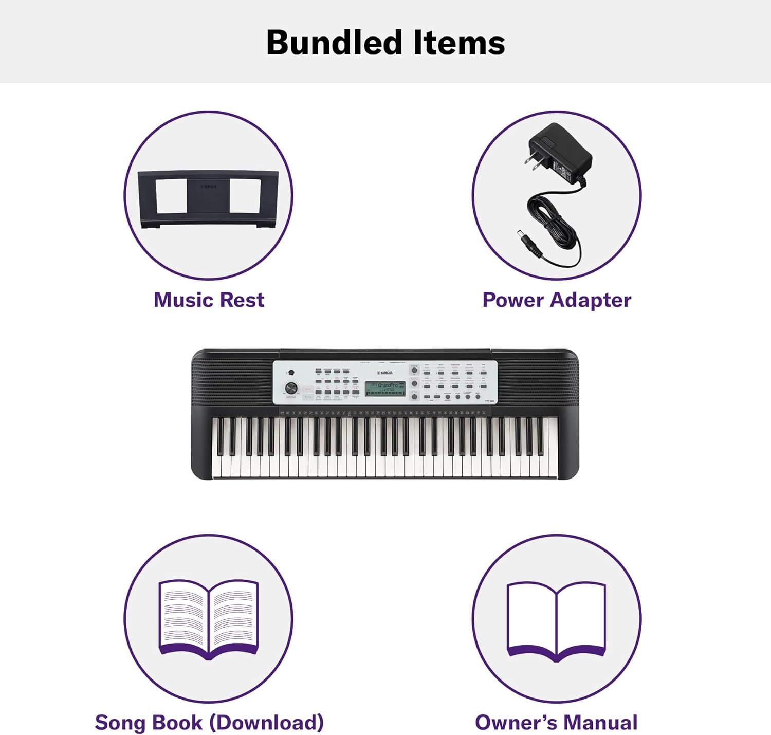 Yamaha 61-Key Portable Keyboard for Beginners with Built-In Songs, Quiz Mode, Music Rest, with Power Adapter YPT280