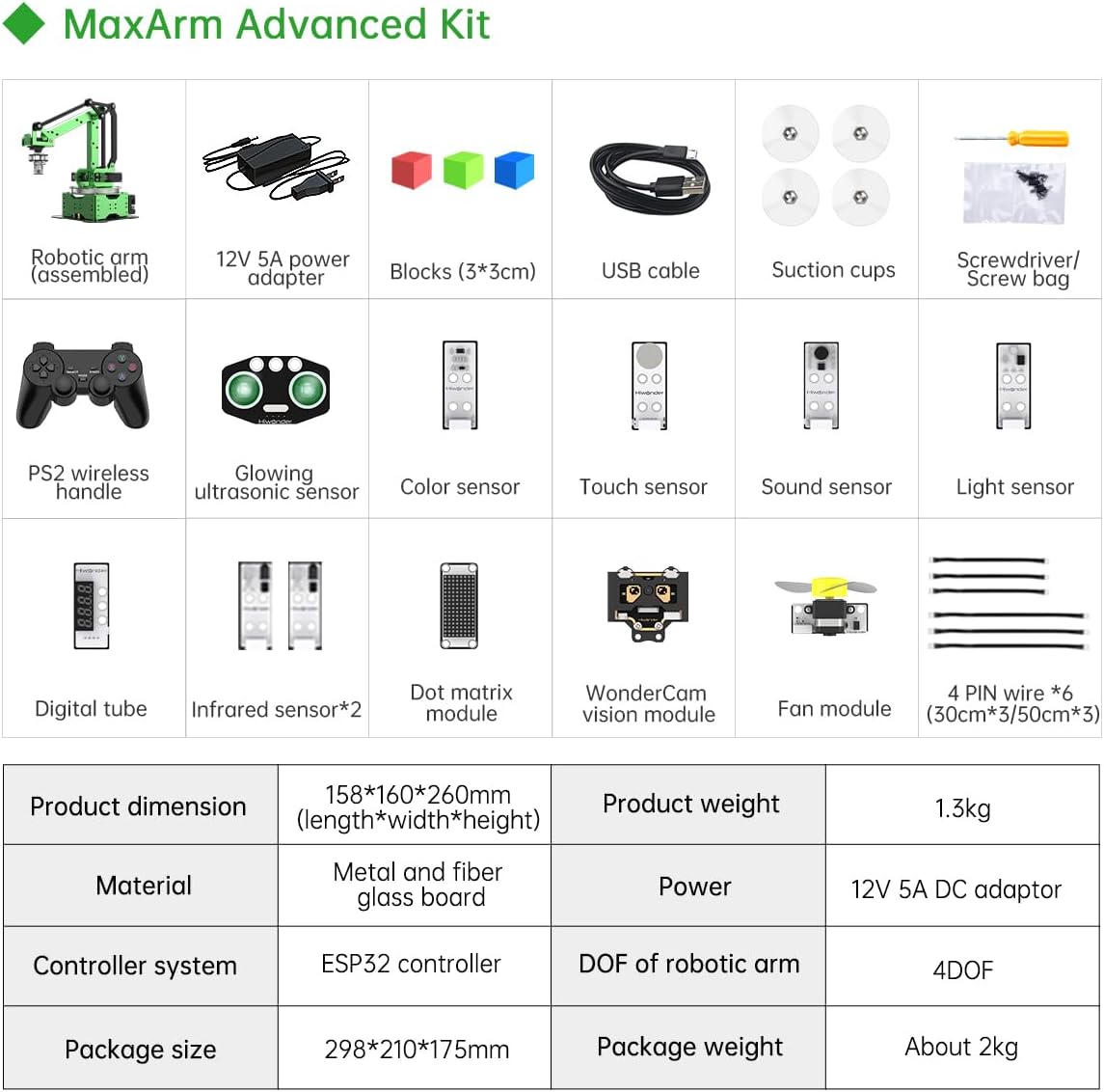 MaxArm Robot Arm with Secondary Development ESP32 Open Source Programming Robot Arm with Glowing Ultrasonic, Color, Touch, Sound, Light, Digital Tube Sensors Kits, Vision Module, PS2 Handle