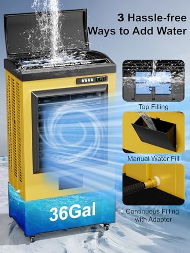 Uthfy 8979 CFM Swamp Cooler Air Conditioner, 58IN Evaporative Air Cooler with 36 Gal Water Tank, 3 Speeds, 120°Oscillation, 5 Ice Packs, Outdoor Air Conditioner for Garage, Patio, Yard, Factory
