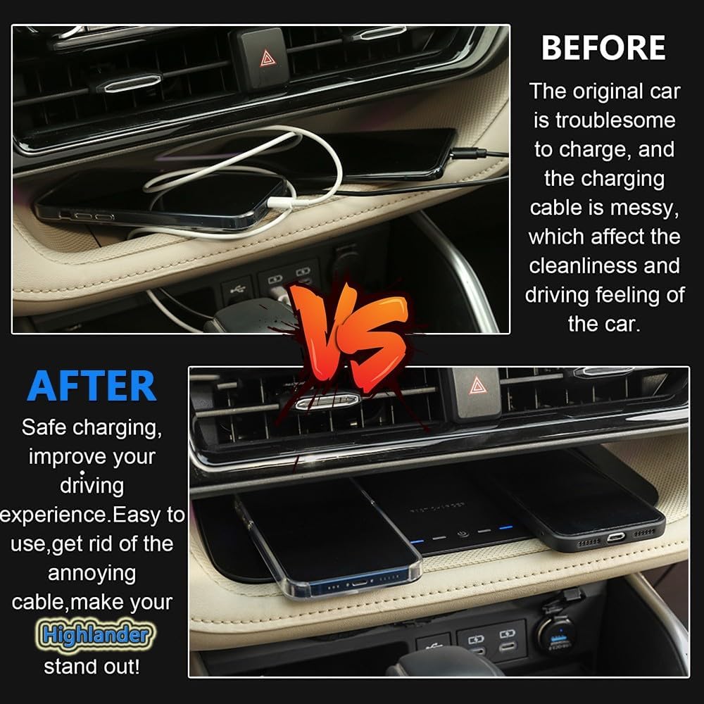 2023 Upgrades Wireless Car Charger for Toyota Highlander Accessories 2023 2022 2021 2020, OEM Style Phone Dual Charging Pad for Toyota Highlander L/LE/XLE/XSE/Limited/Platinum Car Interior