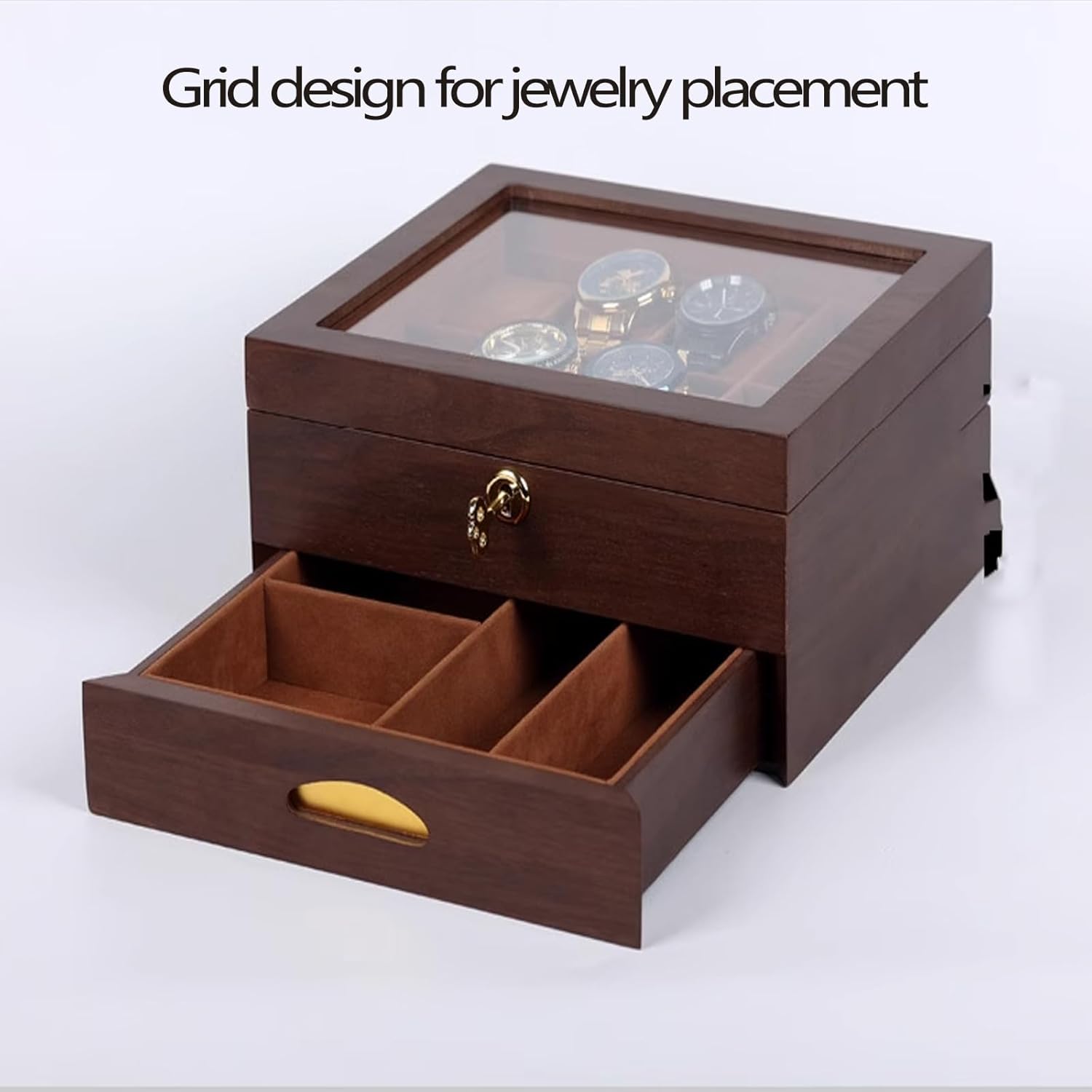 Double-Layer Wooden Jewelry Box with Glass Cover, Drawer-Style Jewelry Storage Box for Watches, Rings, Bracelets and Other Accessories, Gifts for Loved Ones,Brown,Black Walnut Color
