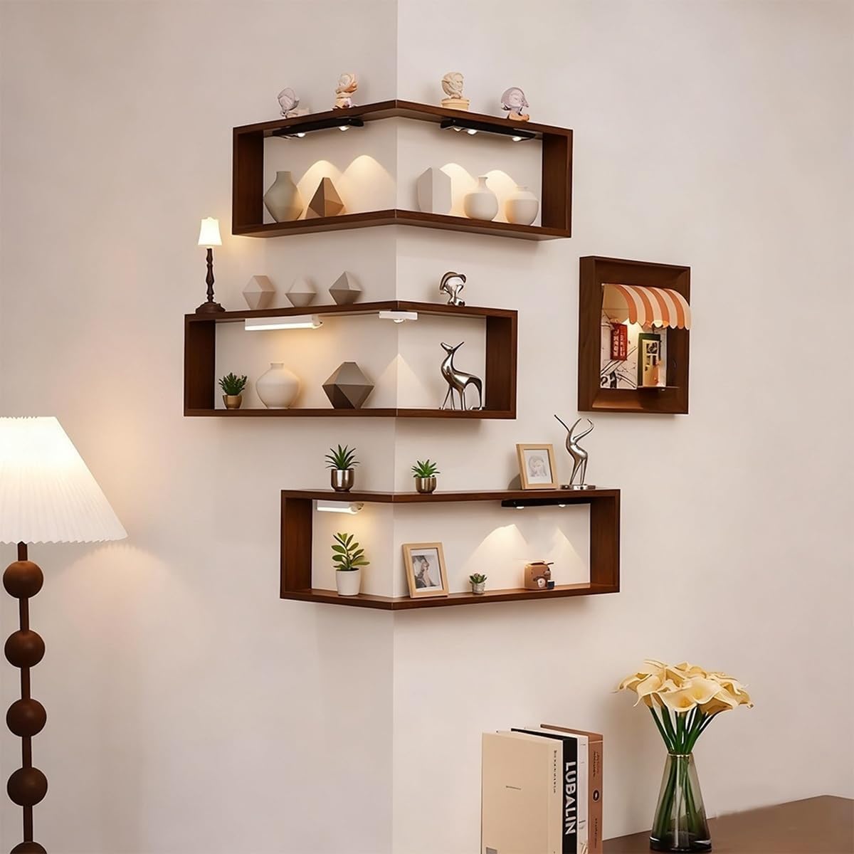 Smart Corner Wall Shelves with Lights,Illuminated Corner Shelf Floating,Creative Corners Storage Shelves, Wall-Mounted Space-Saving Display Rack Stand for Collectibles Figurines and Books (3)