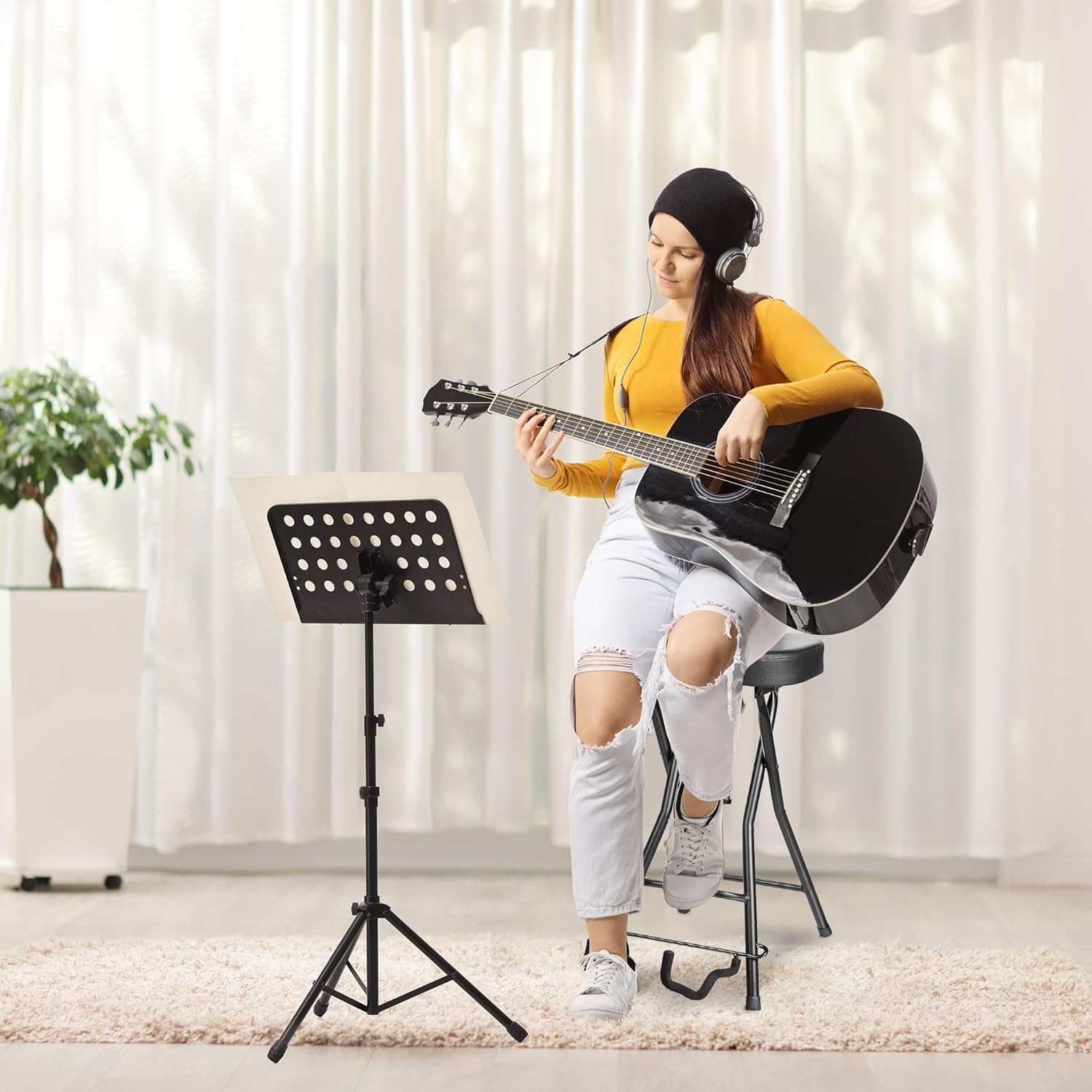 Pyle Adjustable Guitar Seat with Built-In Stand, EVA Foam Padded Cradles, Removable Backrest, Non-Slip Rubber Feet, Collapsible Design – Fits Acoustic, Electric & Bass Guitars – 300 lbs Capacity.