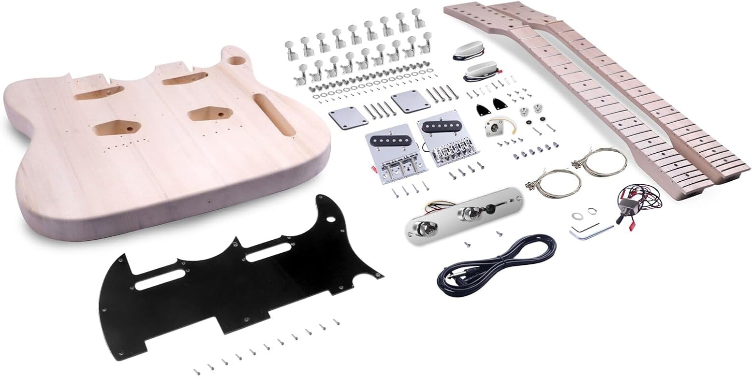 DIY Electric Guitar Kit Double Neck Guitar Kits Tele Style for Right Handed with Basswood Body Hard Maple Neck Maple Fretboard Chrome Hardware Build Your Own Guitar.