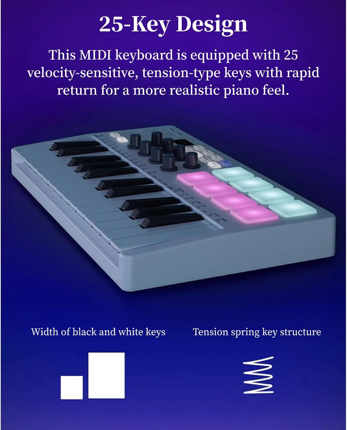 MIDI Keyboard Controller, 25 Key Portable Bluetooth MIDI Controller with 8 Backlit Drum Pads 8 Knobs, Mini Beat Maker for Music Production for Beginners Music making