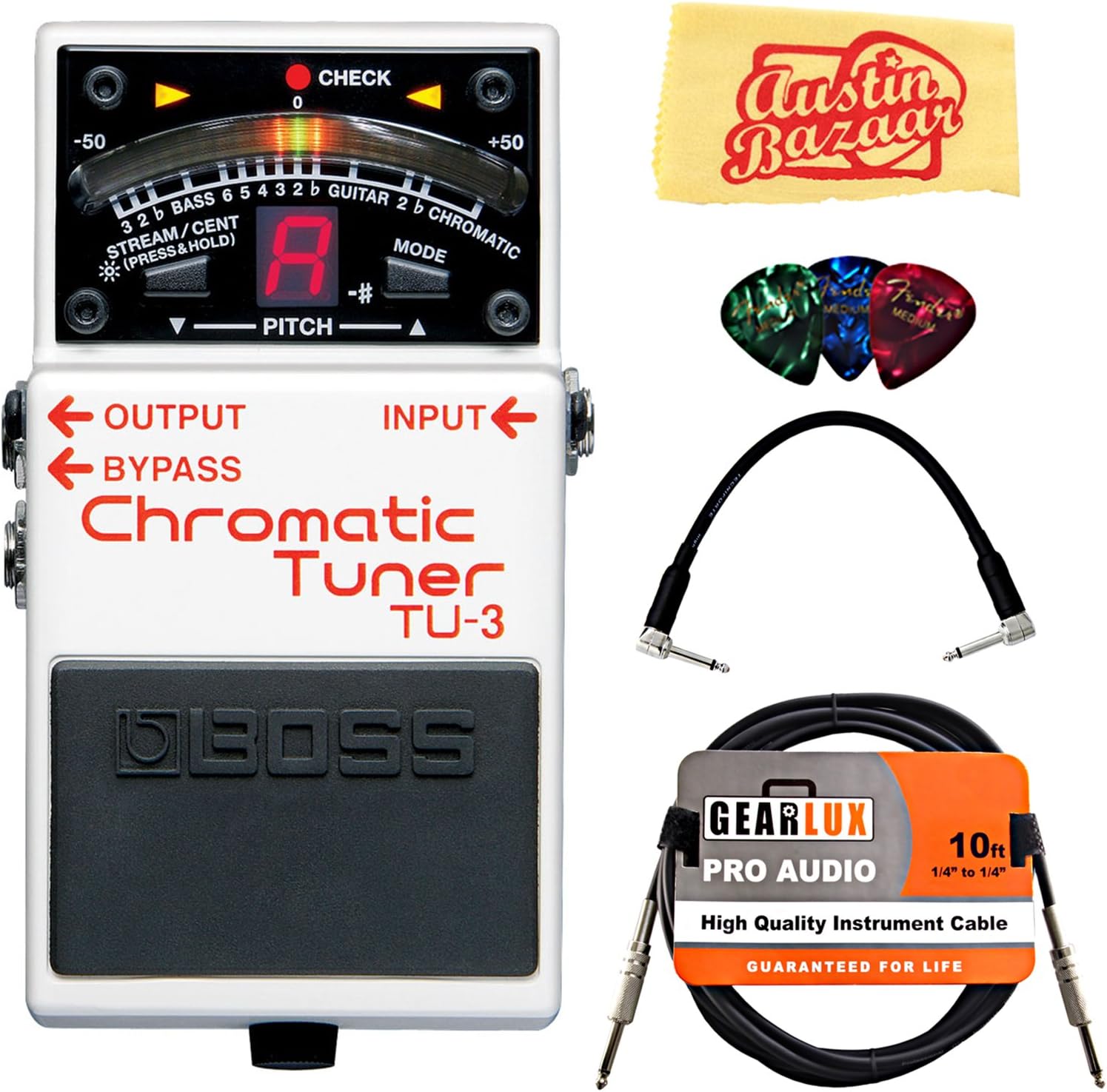 Boss TU-3 Chromatic Tuner Bundle with Gearlux Instrument Cable, Patch Cable, Picks, and Austin Bazaar Polishing Cloth