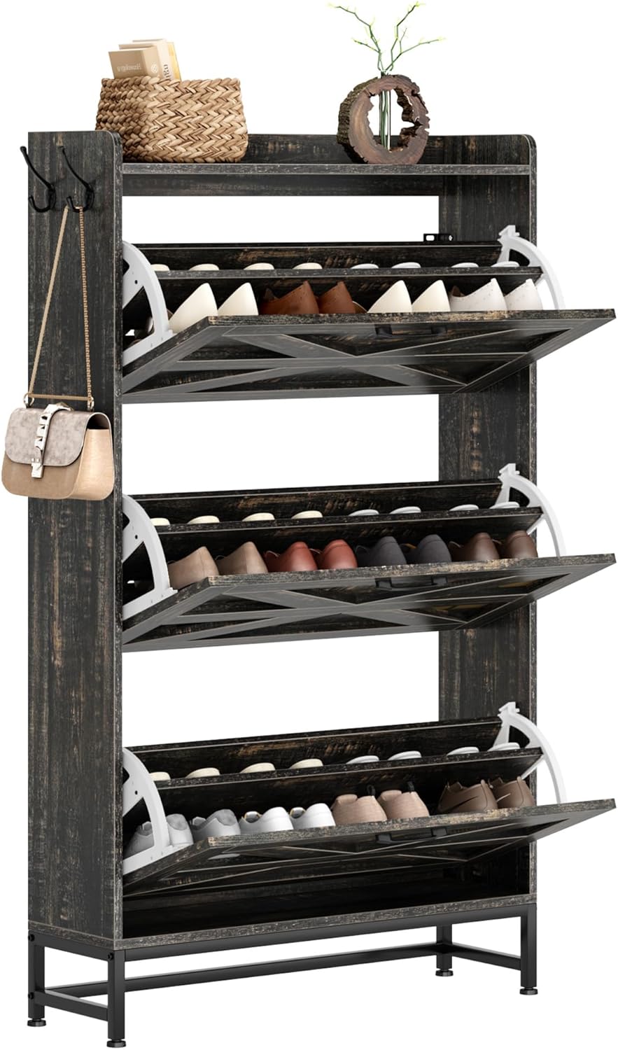 Narrow Shoe Cabinet with Wall Mount: Space-Saving Entryway Storage for Renters & Small Apartments - Rustic Brown Flip-Down Organizer with Adjustable Legs & Hooks