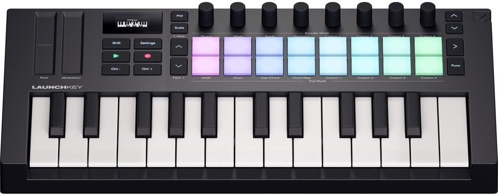 Novation Launchkey Mini 25 MK4 USB MIDI Keyboard Controller (25 Mini Keys) Bundle with Auray FP-P1L Universal Piano-Style Sustain Pedal and Hosa Mid-310 Black 10 ft. Midi cable