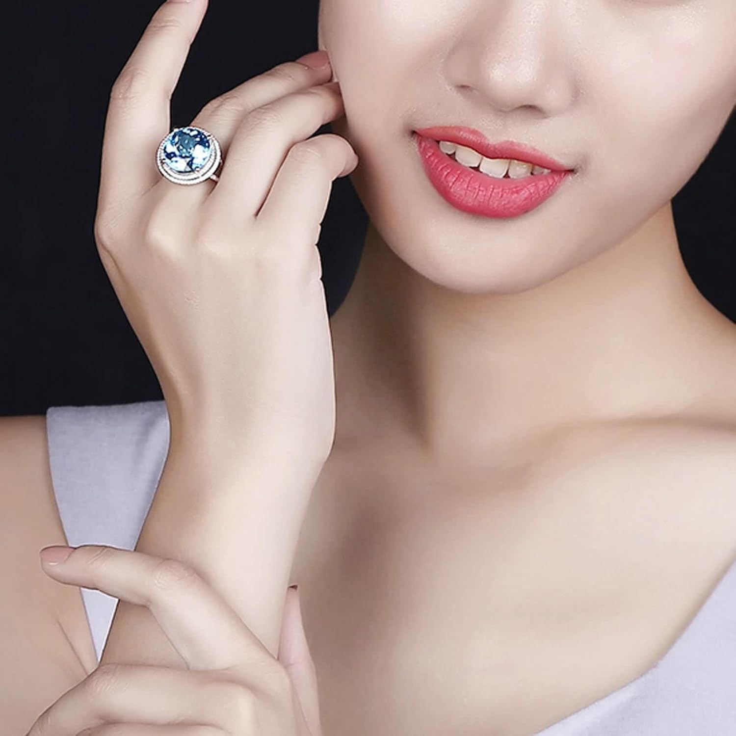 Engagement Rings for Women Halo, 18K White Gold Ring Round Brilliant 12ct Big Blue Topaz Gift for Her