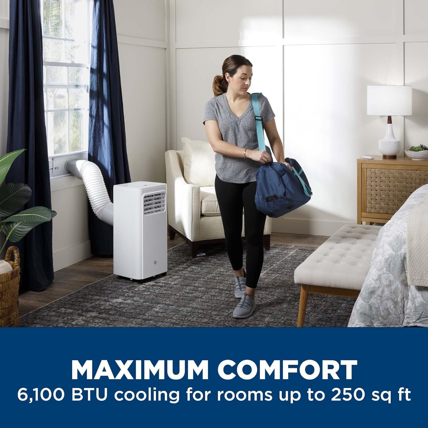 GE 6,000 BTU DOE Portable Air Conditioner for Small Rooms up to 250 sq. ft., Digital Controls, Remote Control, Perfect for Bedroom or Living Room, Easy Install Kit Included, White