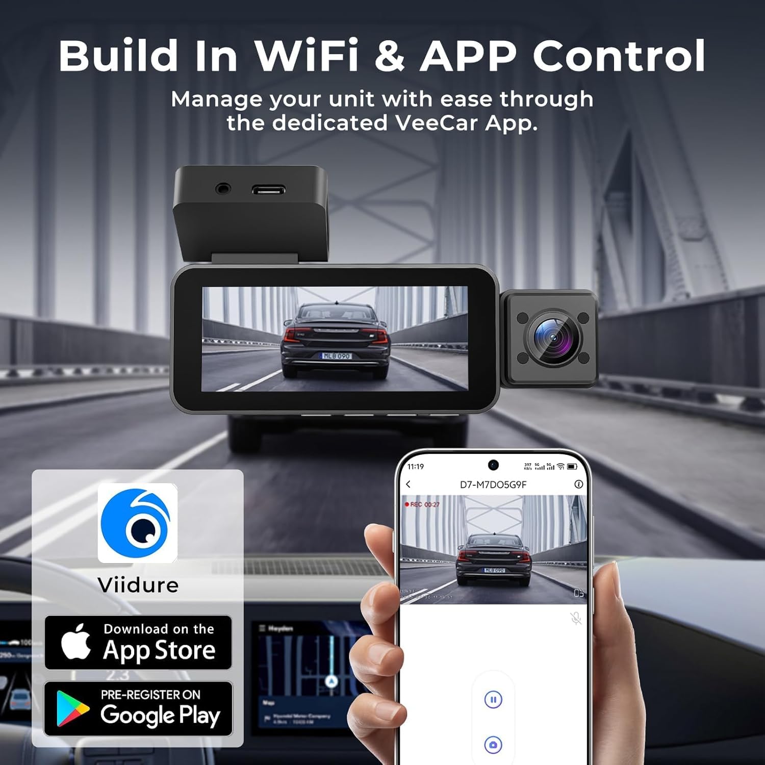 Dash Cam Front and Rear, 4K+2.5K+1080P with 170° Fisheye Lens, Full HD Dash Camera for Cars, 5GHz WiFi, IR Night Vision, WDR, 64GB Card Included, 24/7 Parking Mode, G-Sensor & Loop Recording（D7）